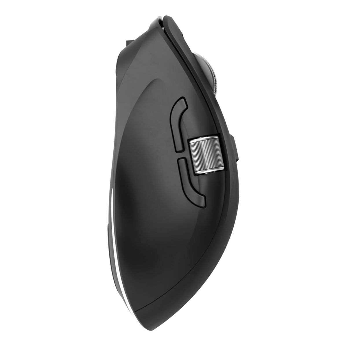 Schwarze Computermaus mit Scrollrad und zwei Daumentasten. Weißer Hintergrund.