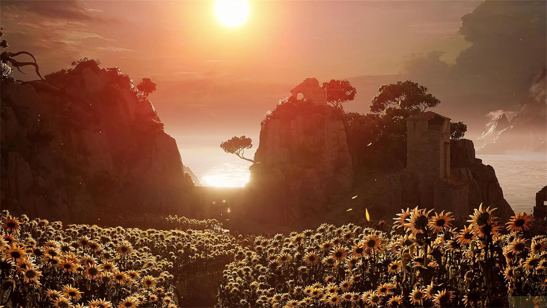 Sonnenblumenfeld vor felsigen Klippen bei Sonnenuntergang mit einem Turm.