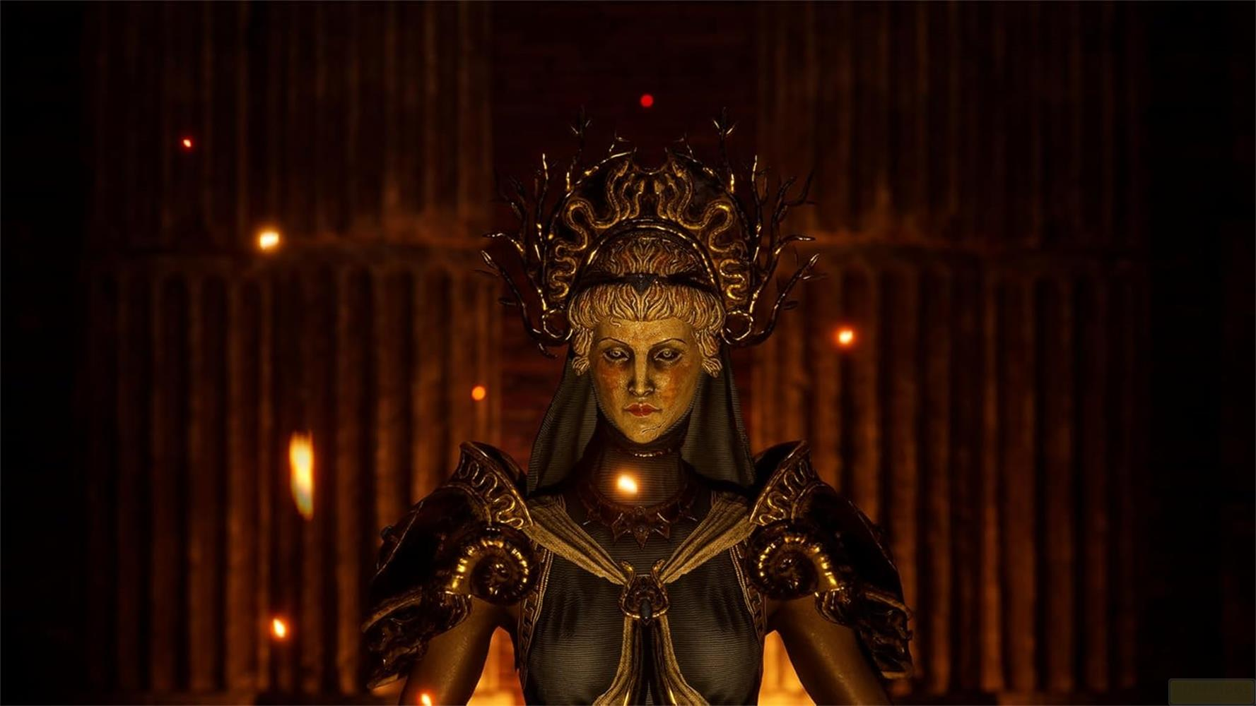 Eine Frau mit goldener Krone trägt goldene Rüstung, umgeben von Flammen.