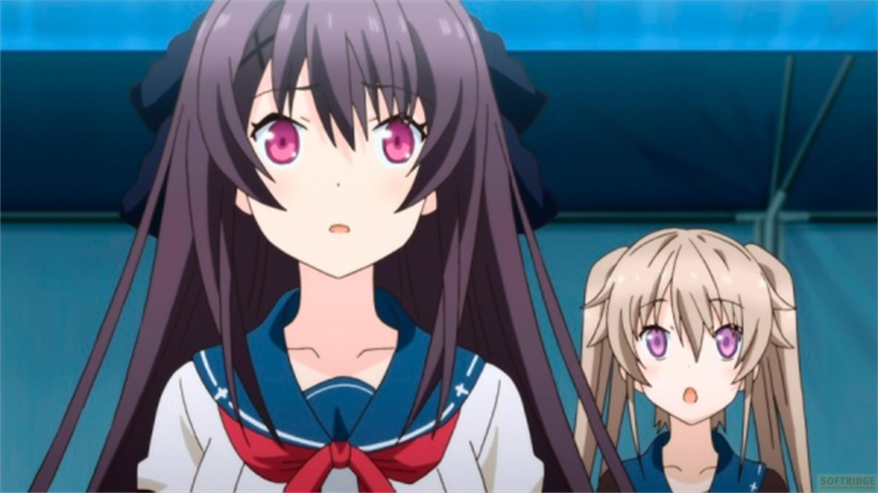 Due ragazze anime in uniforme scolastica con fiocchi rossi.