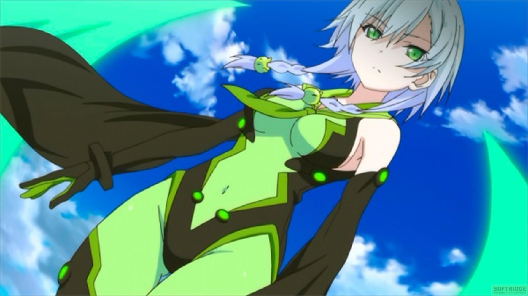 Personaggio anime in abito verde con accenti neri contro cielo blu.