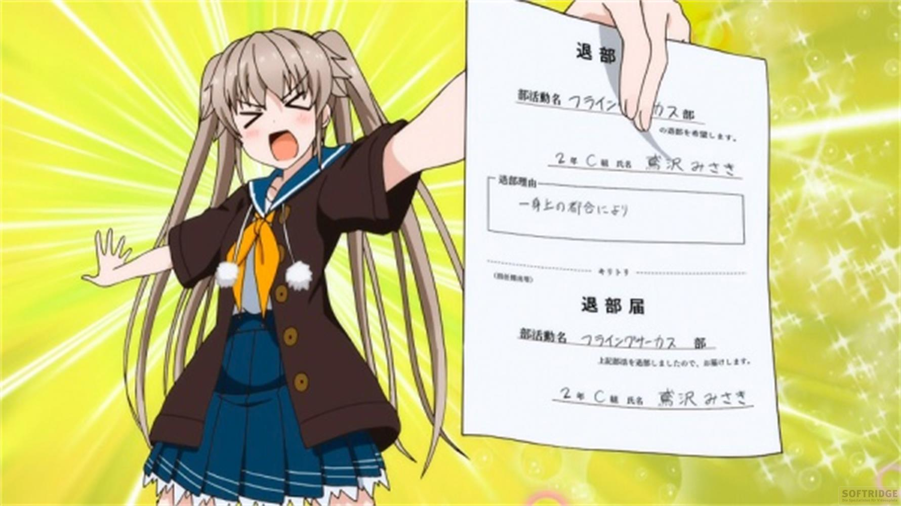 Ragazza anime con codini tiene un modulo di ritiro verso la telecamera.