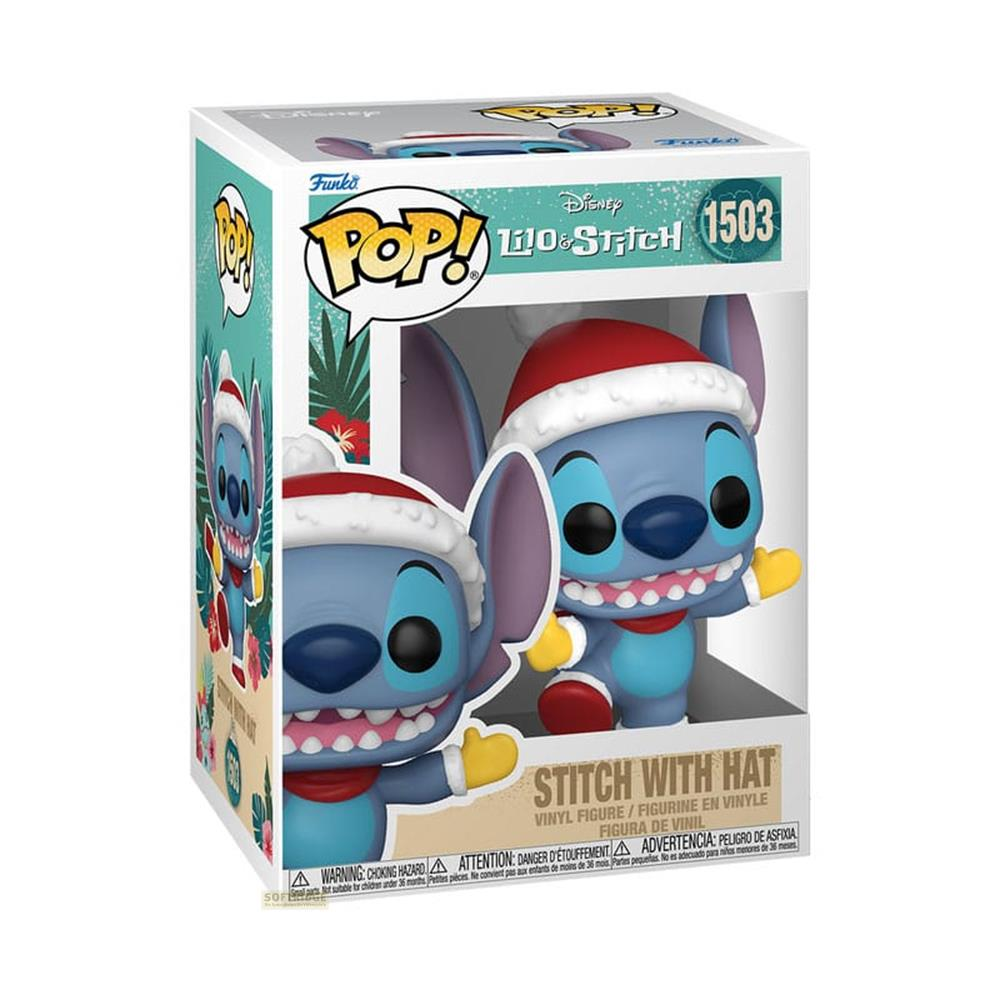 Figura Funko Pop de Stitch con gorro navideño, en caja.