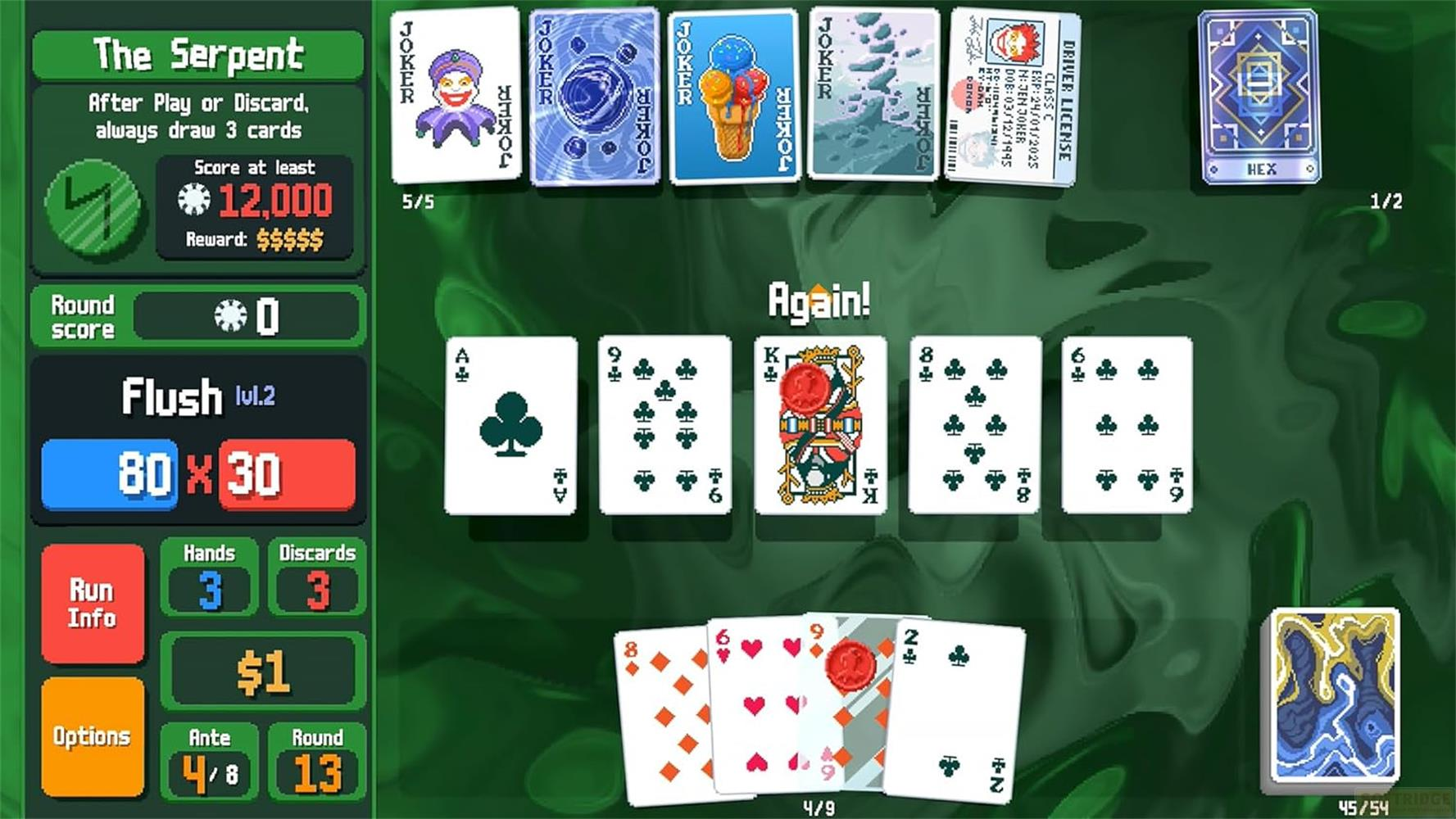 Jeu de cartes pixelisé avec jokers, infos et cartes sur la table.