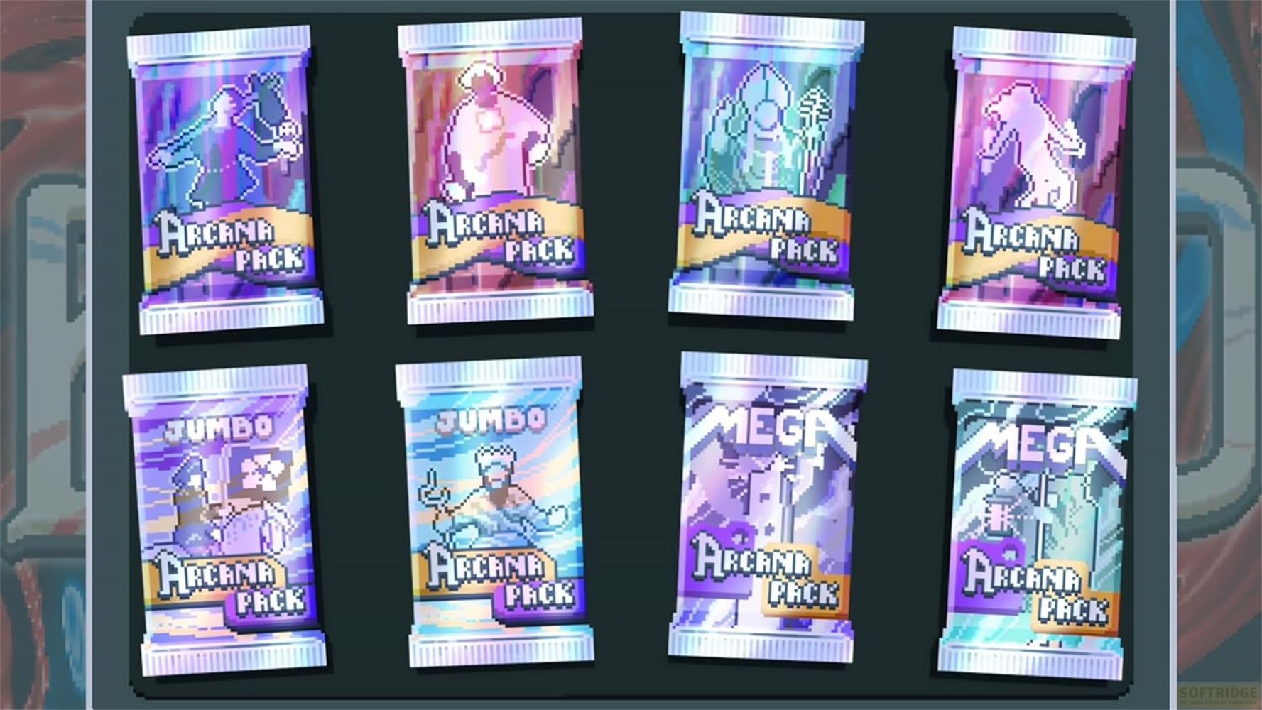 Huit paquets de cartes a collectionner en pixel art sur deux rangées.