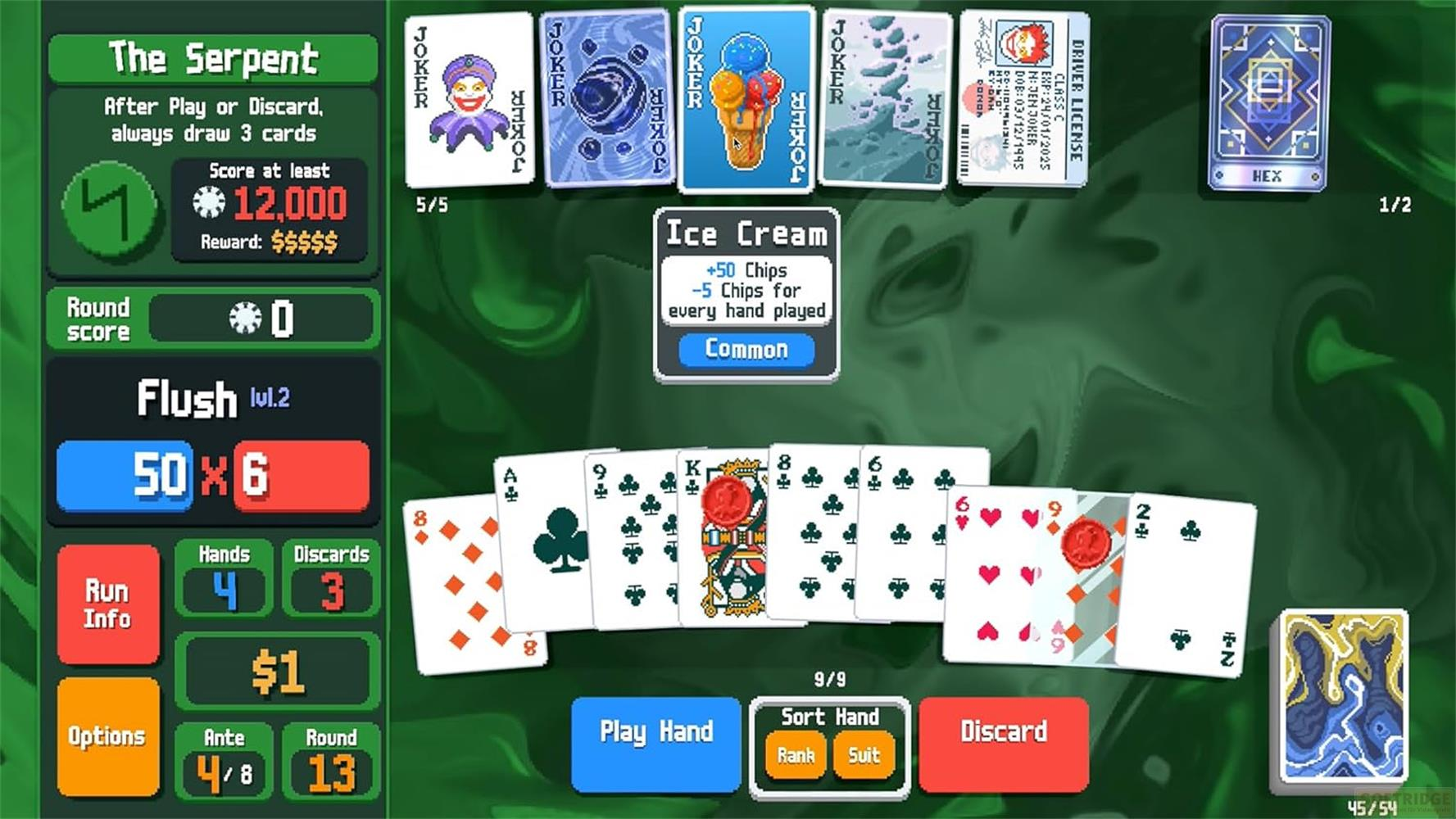 Écran de jeu avec des Jokers, une carte Glace et des cartes à jouer.