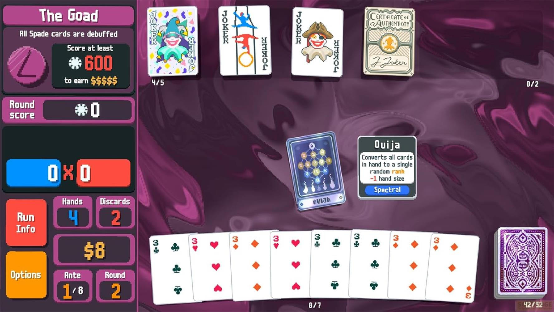 Écran de jeu avec cartes, score et infos. Cartes Joker en haut, cartes à jouer en bas.