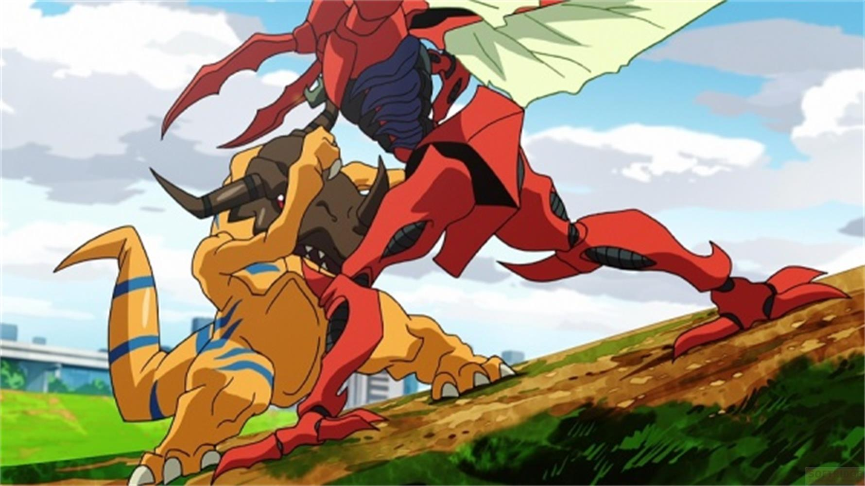 Un dinosauro giallo combatte un robot rosso su una collina erbosa.