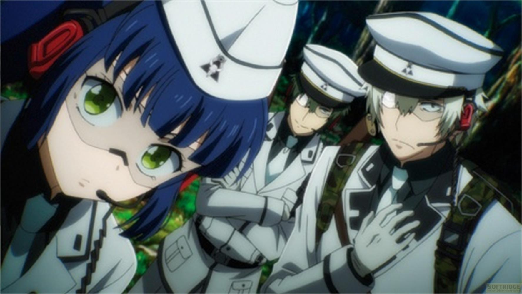 Tre personaggi anime in uniformi bianche con cappelli. Una donna con capelli blu e occhi verdi è davanti a sinistra.