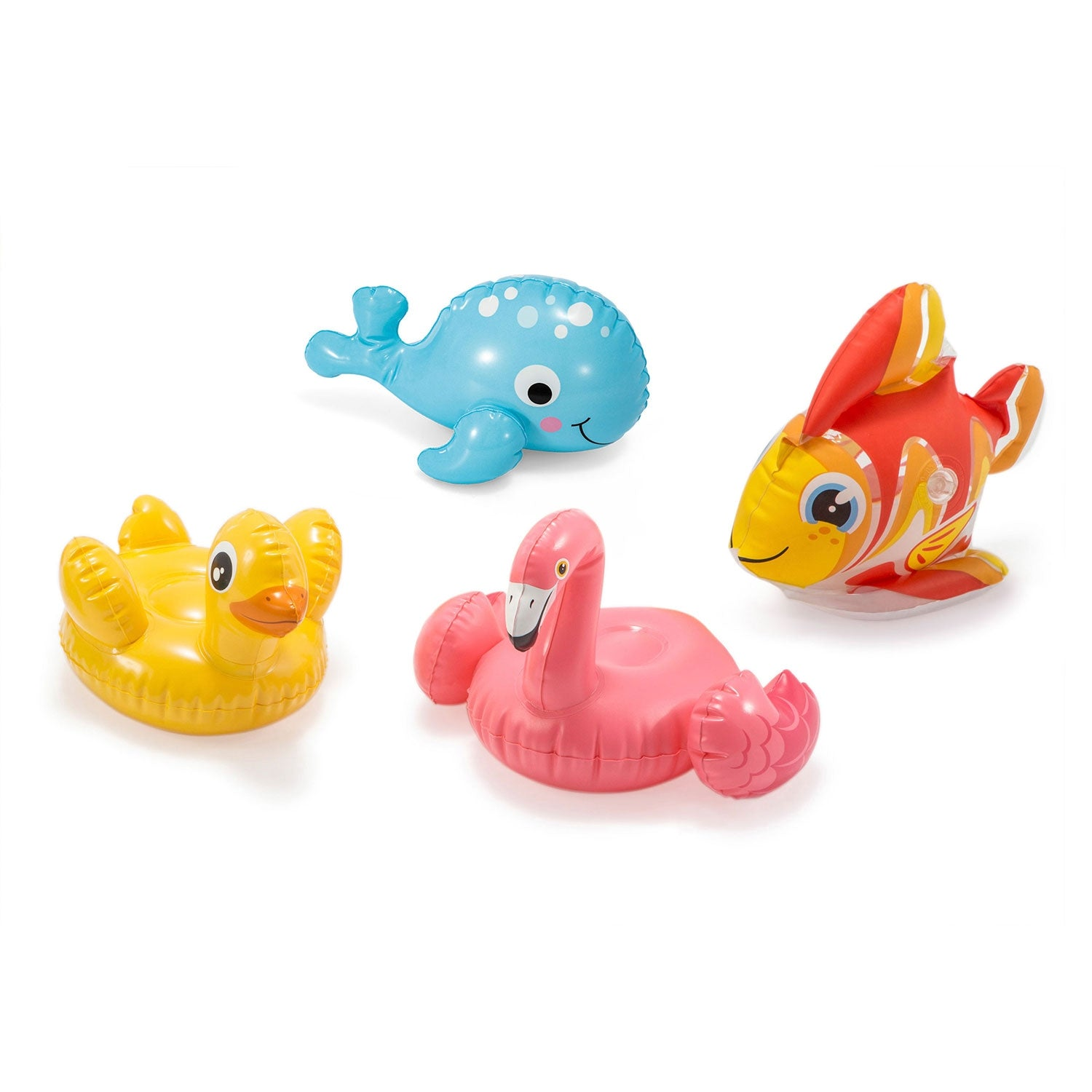Cuatro flotadores inflables: pato, flamenco, ballena y pez, sobre fondo blanco.