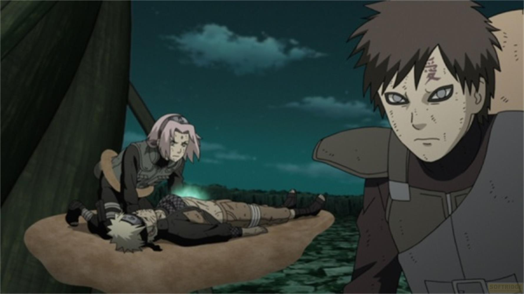 Gaara osserva Sakura che si prende cura di un Naruto incosciente. Scena notturna.