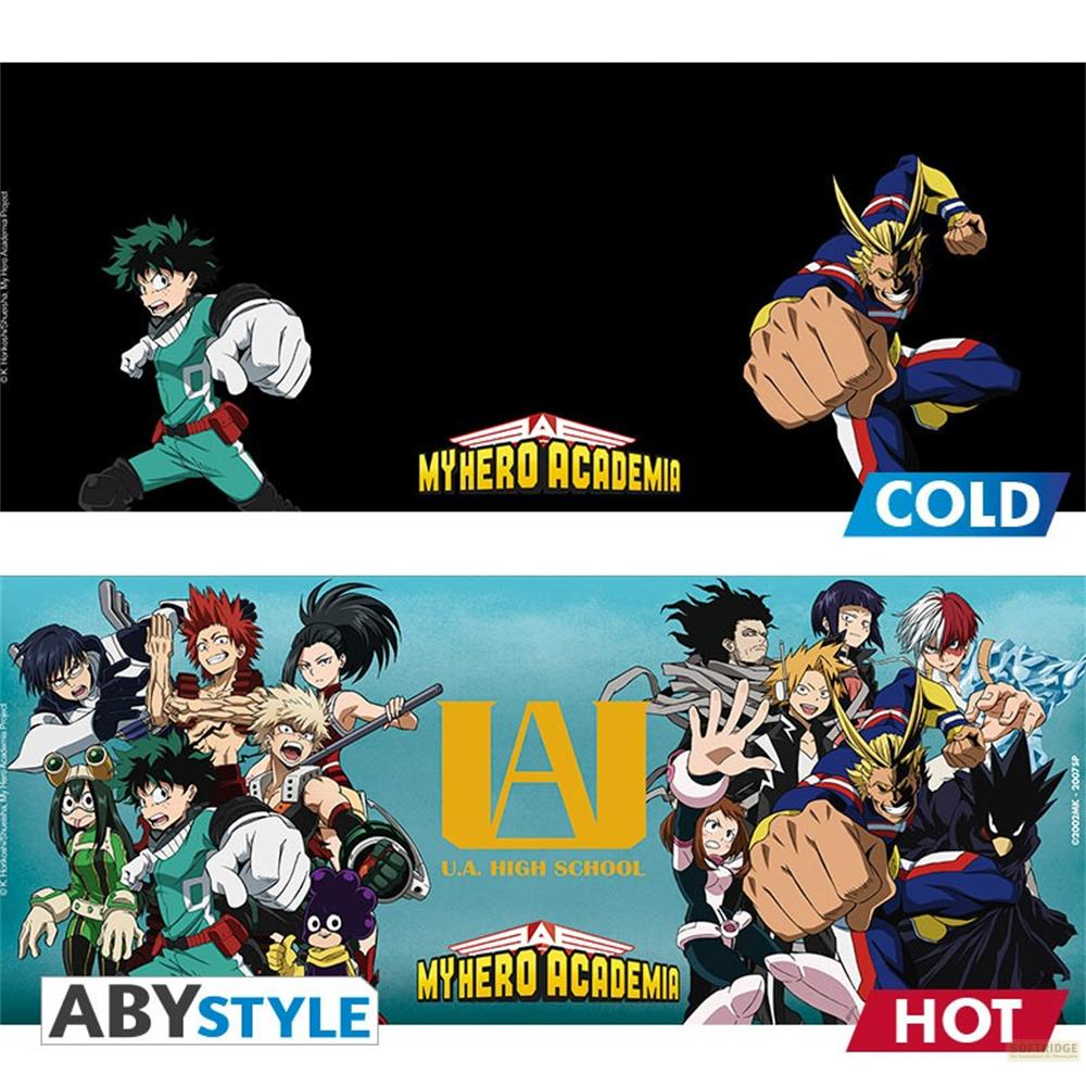 Personajes de anime con logo "My Hero Academia". "Frío" y "Caliente" impresos.