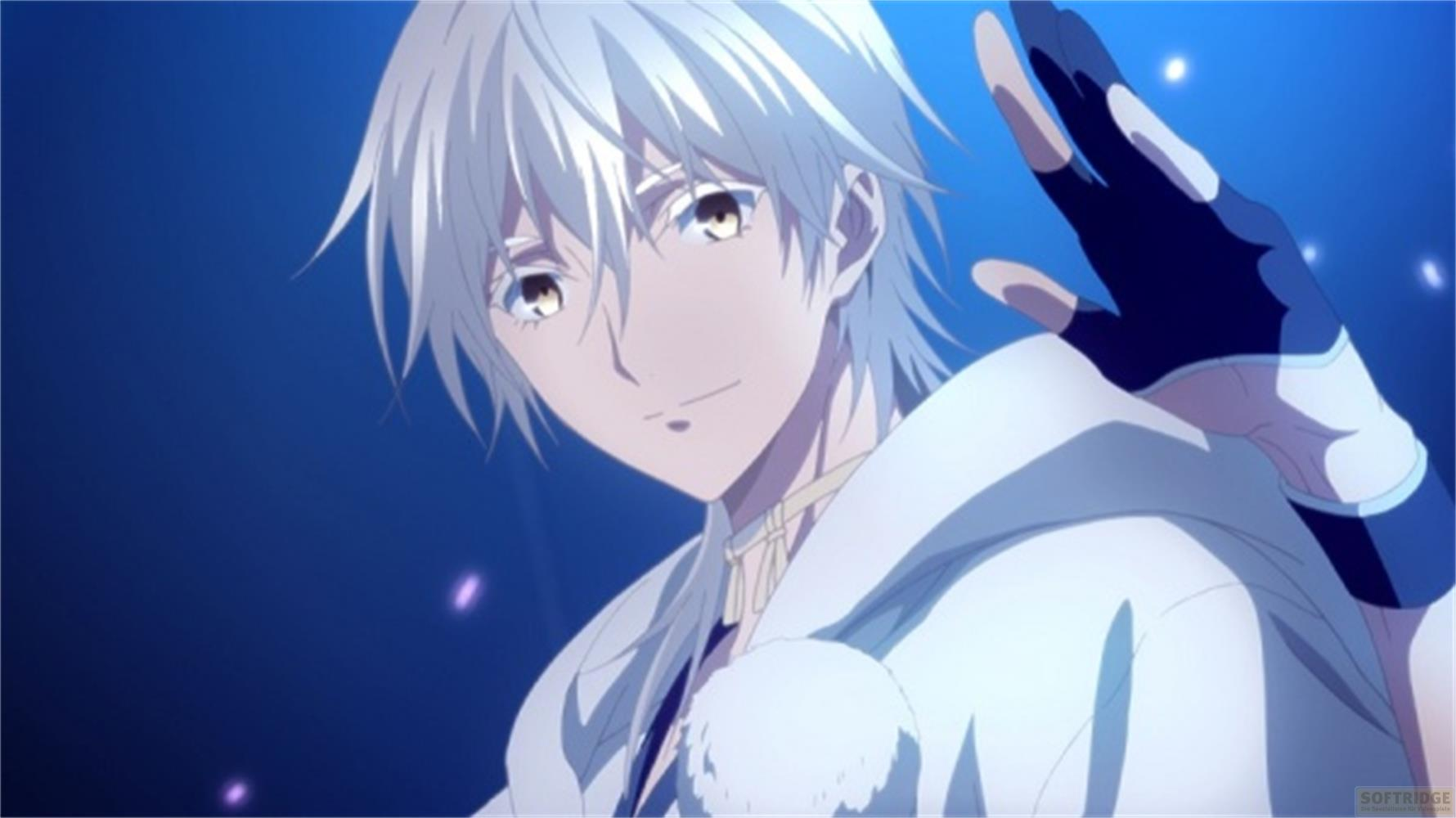 Ragazzo anime con capelli bianchi e guanto scuro su sfondo blu.
