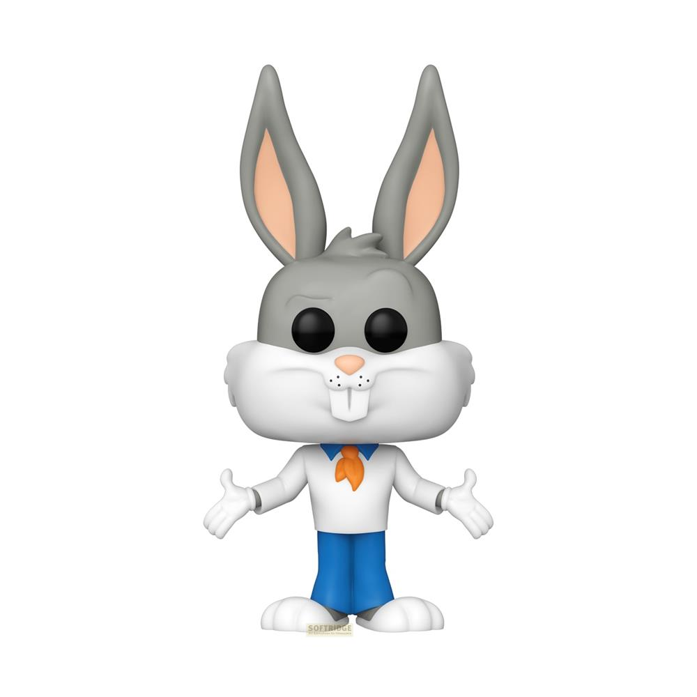 Ein Bugs Bunny Funko Pop mit grauer Haut, weißen Handschuhen und blauer Hose.