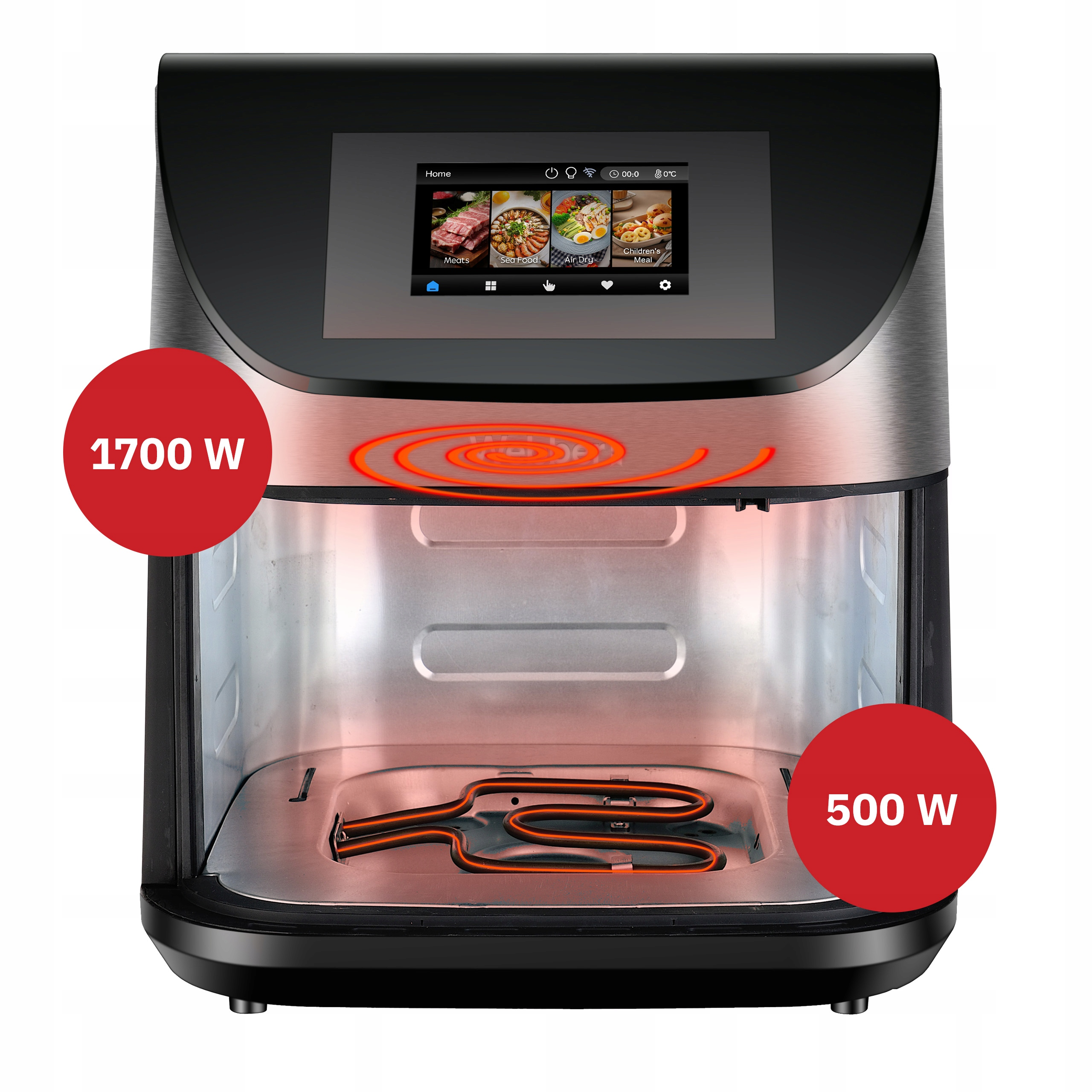 Nowoczesny airfryer z ekranem dotykowym i czerwonymi kółkami wskazującymi 1700W i 500W mocy.