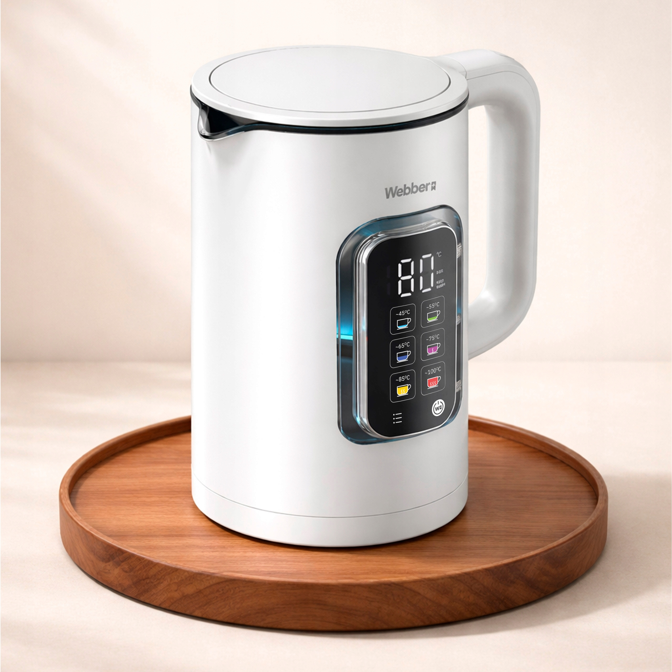 Bia2y czajnik elektryczny z cyfrowym wy2wietlaczem pokazuj2cym 802C.