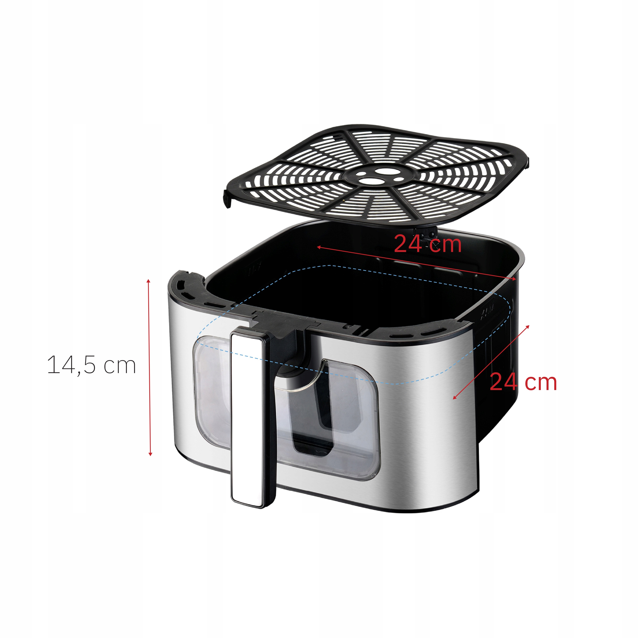 Srebrny kosz frytkownicy beztłuszczowej z czarną kratką.