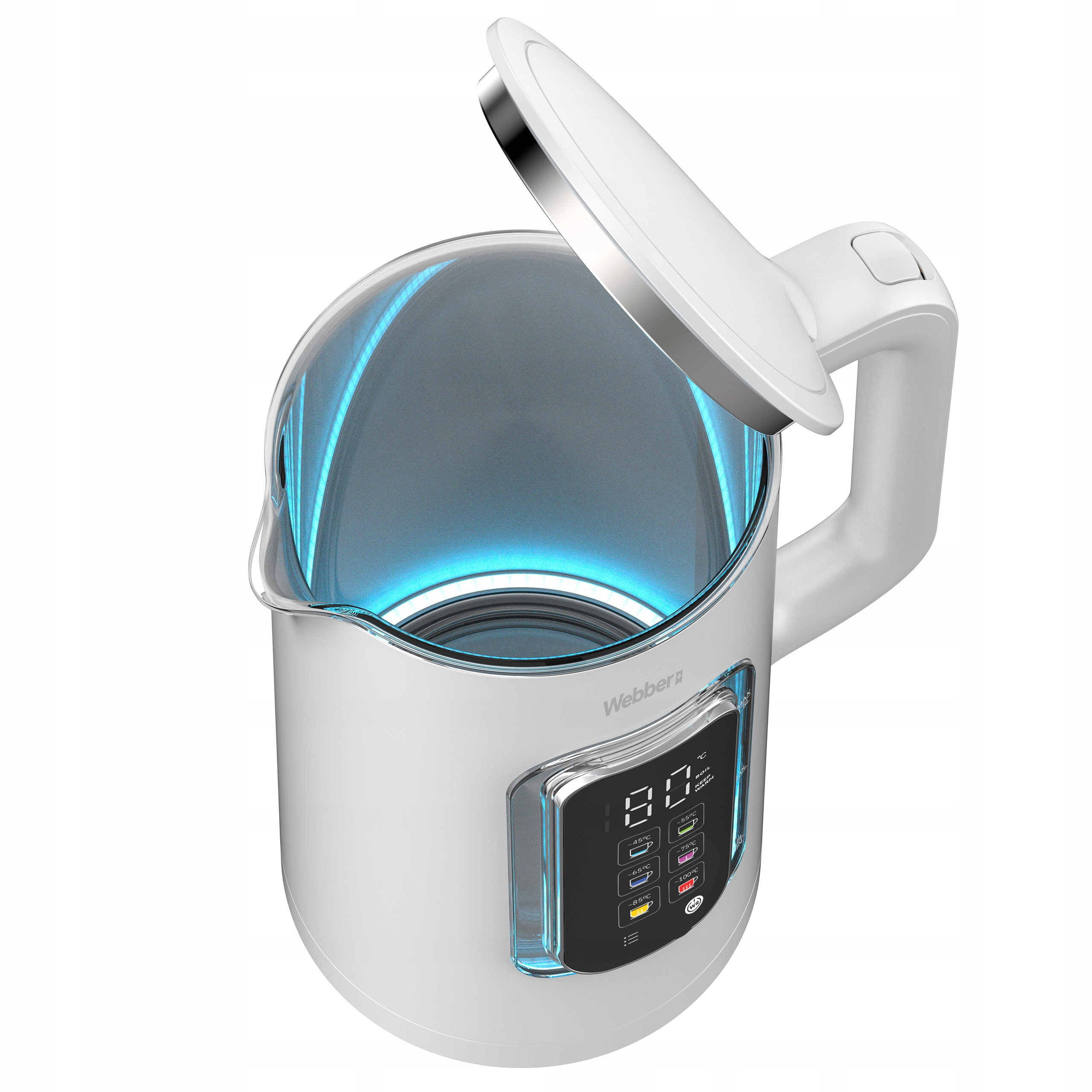 Biały czajnik elektryczny z cyfrowym wyświetlaczem i niebieskim podświetleniem.