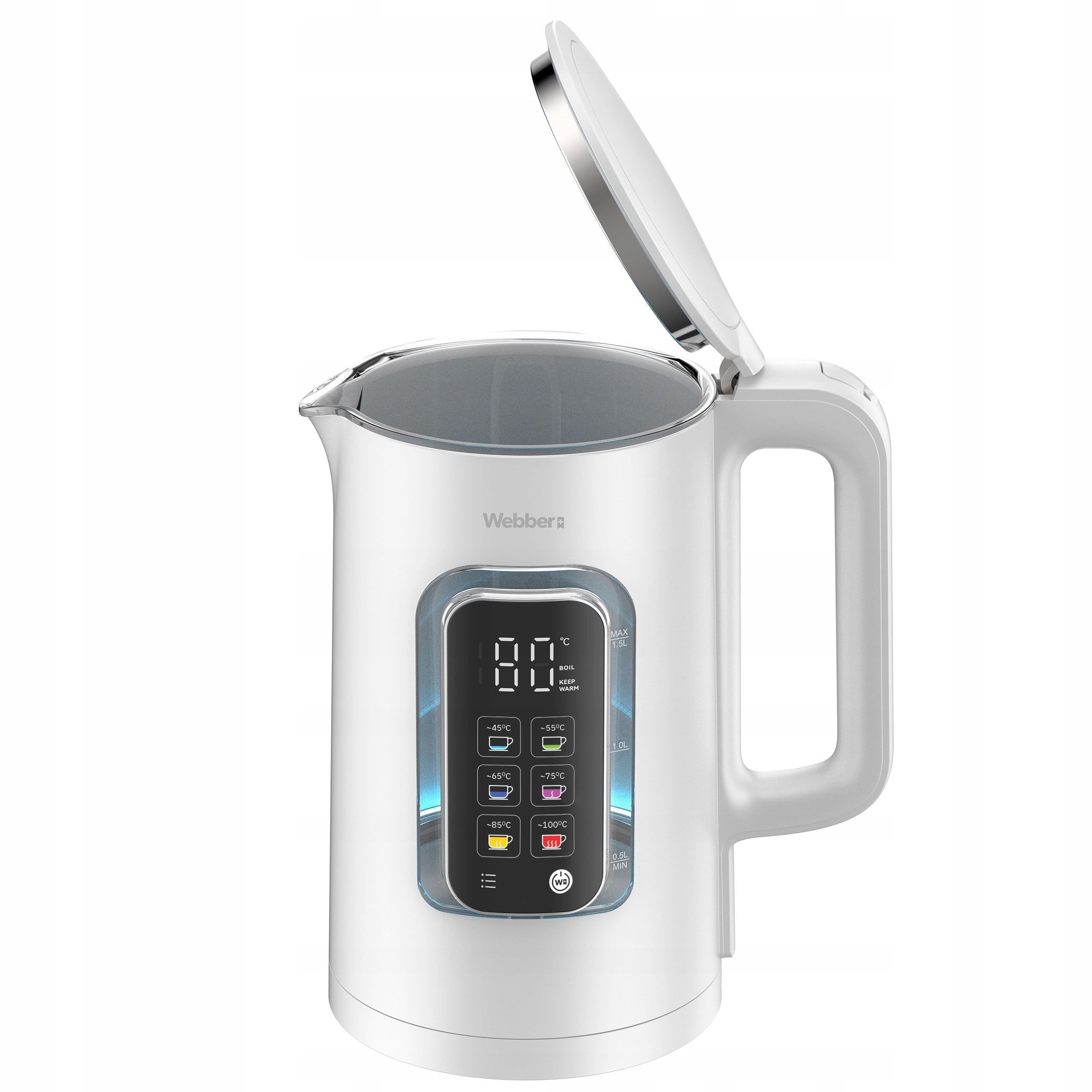 Biały czajnik elektryczny z cyfrowym wyświetlaczem pokazującym 80°C.