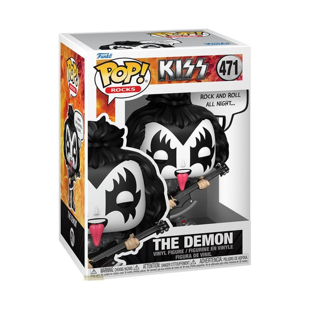 Funko Pop! Vinyl Figur von 'The Demon' aus KISS, mit schwarzem Haar und Make-up.