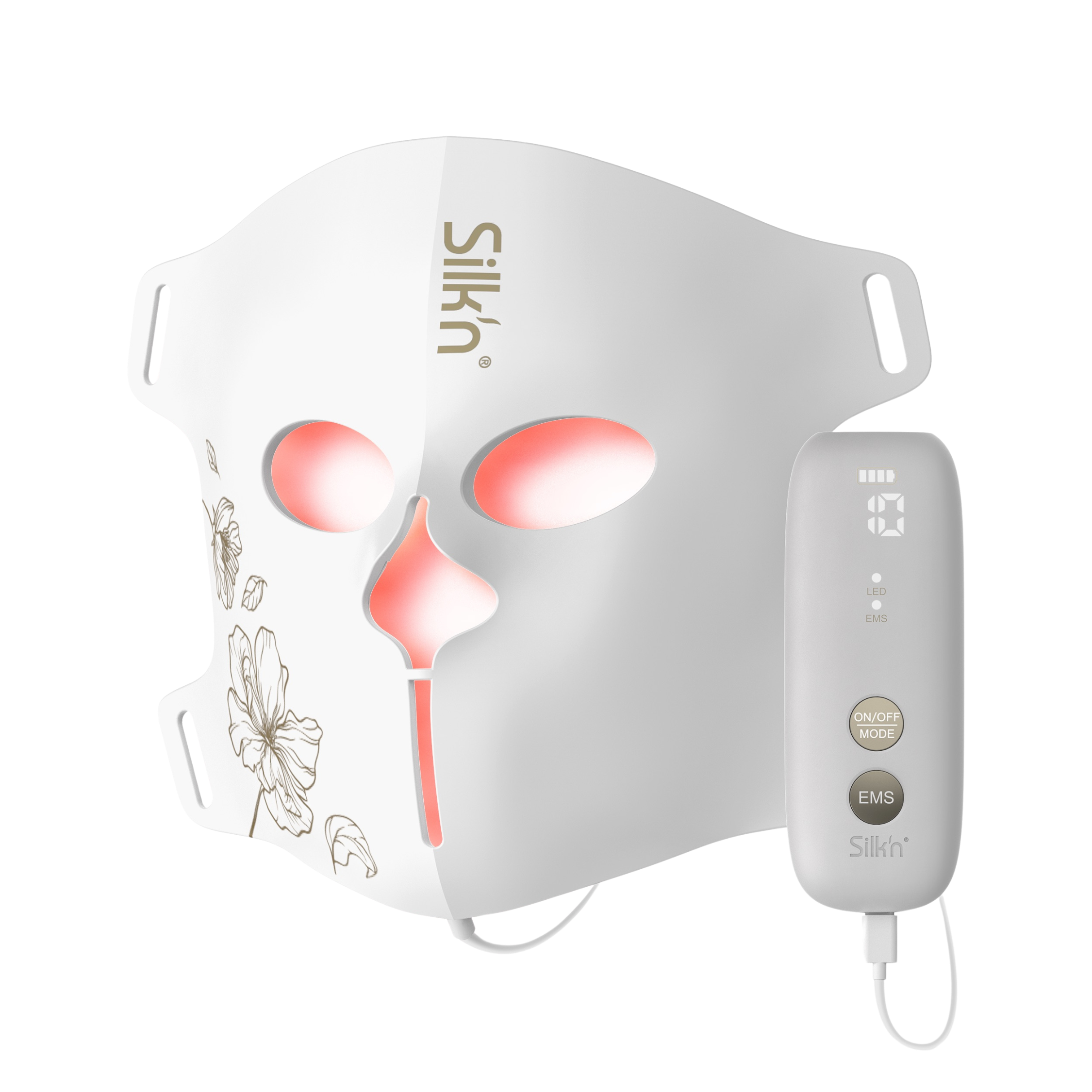 Biała maska na twarz z kwiatowym wzorem i pilotem, czerwone światła.