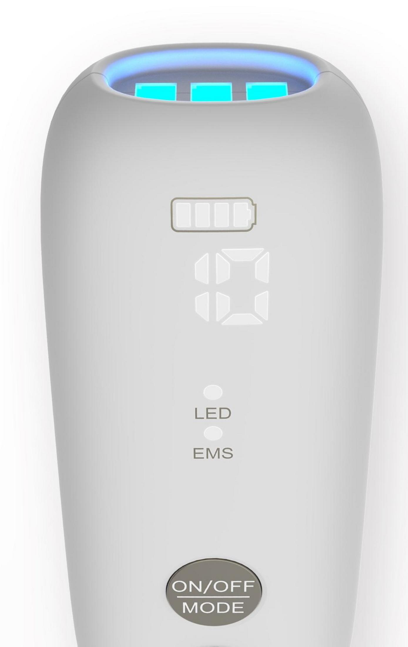 Białe urządzenie z niebieskimi diodami LED, wskaźnikiem baterii i przyciskiem trybu.
