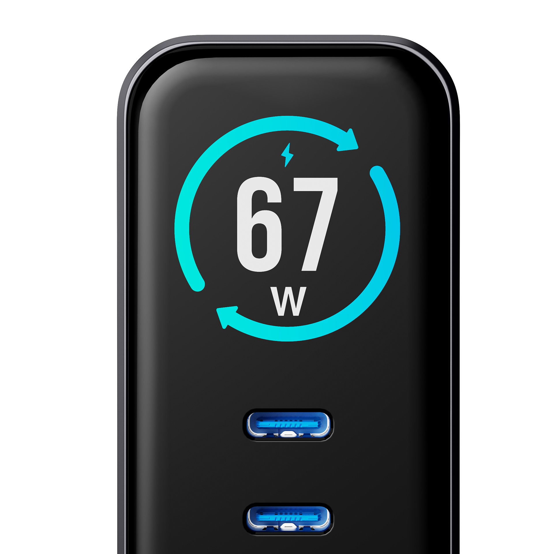 Czarna ładowarka z cyfrowym wyświetlaczem 67W i dwoma niebieskimi portami USB-C.