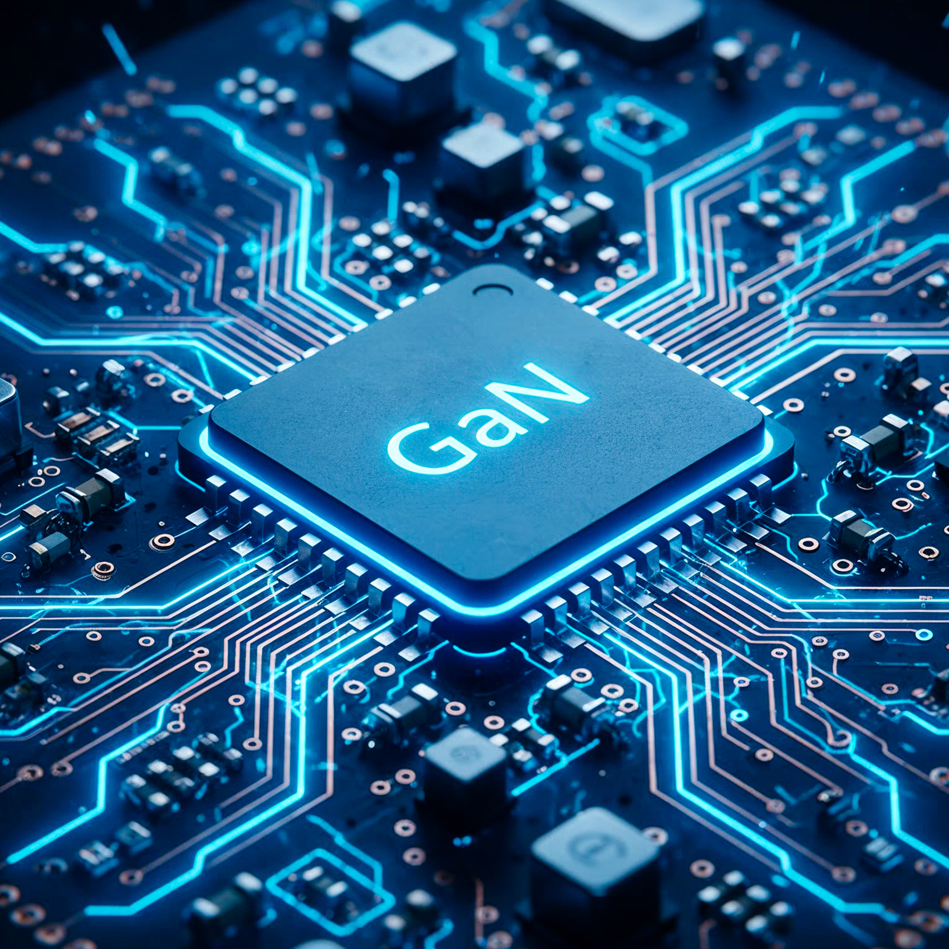 Niebieski chip GaN na płytce drukowanej ze świecącymi liniami.