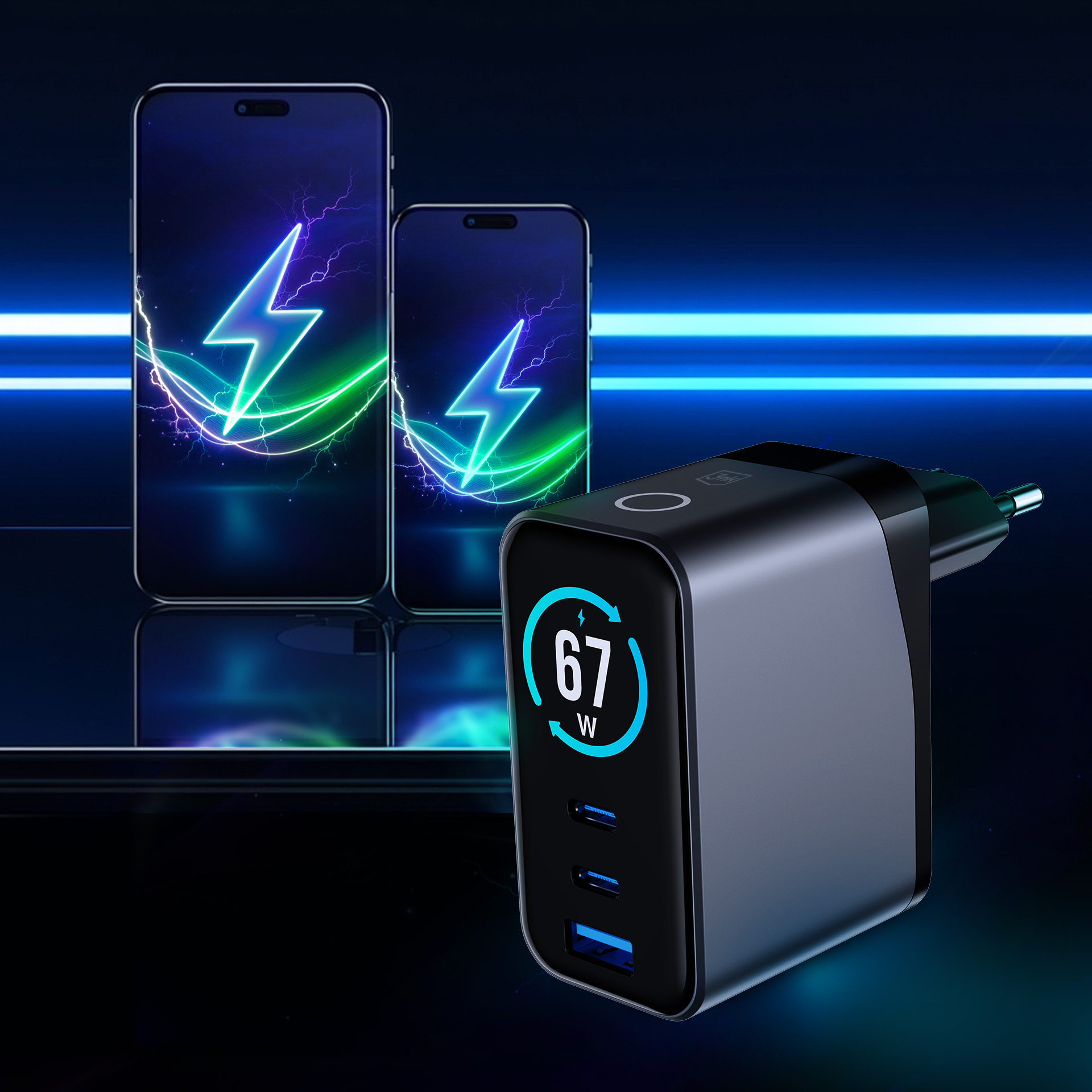 Czarna ładowarka z trzema portami USB i wyświetlaczem 67W.