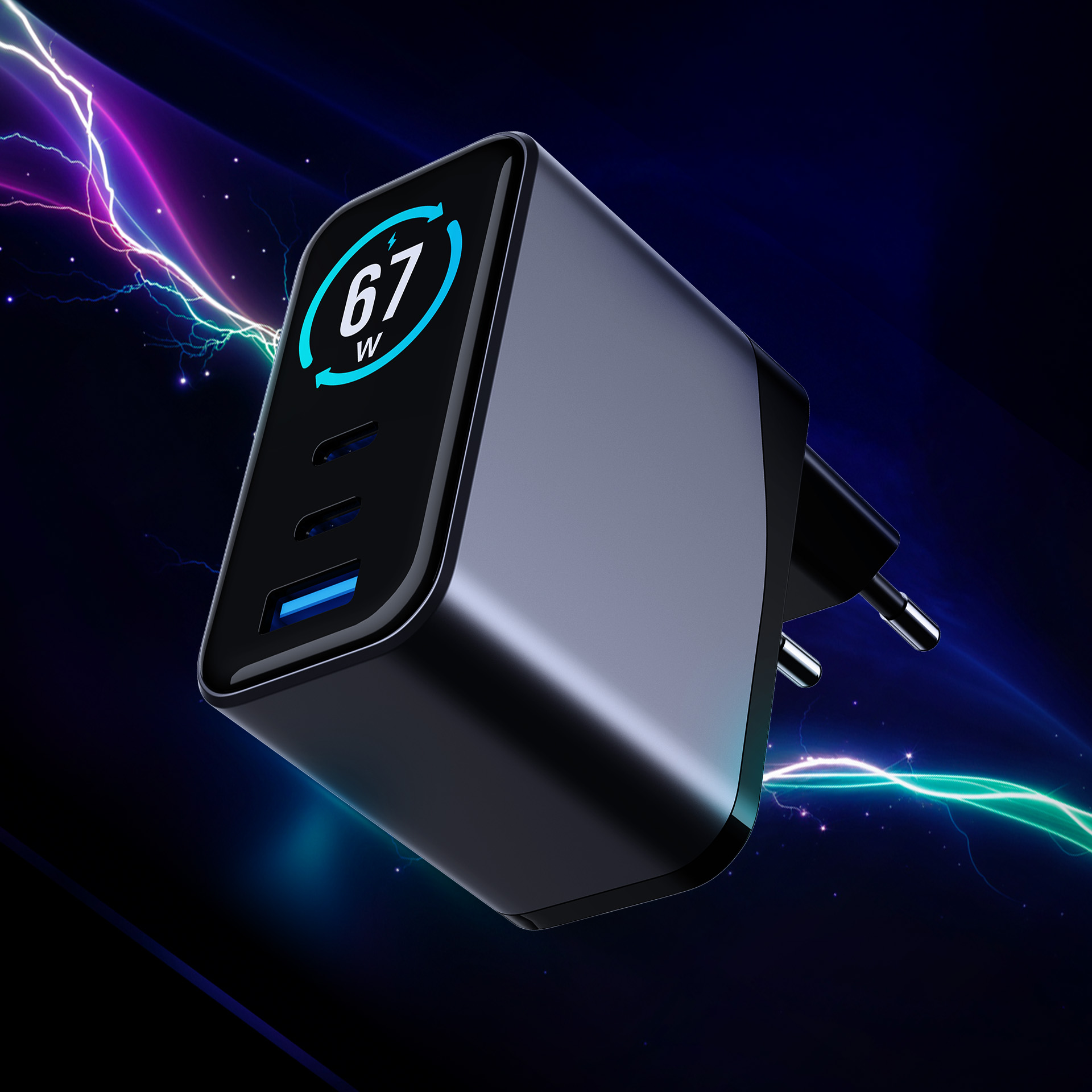 Czarna ładowarka z 3 portami i cyfrowym wyświetlaczem pokazującym 67W.