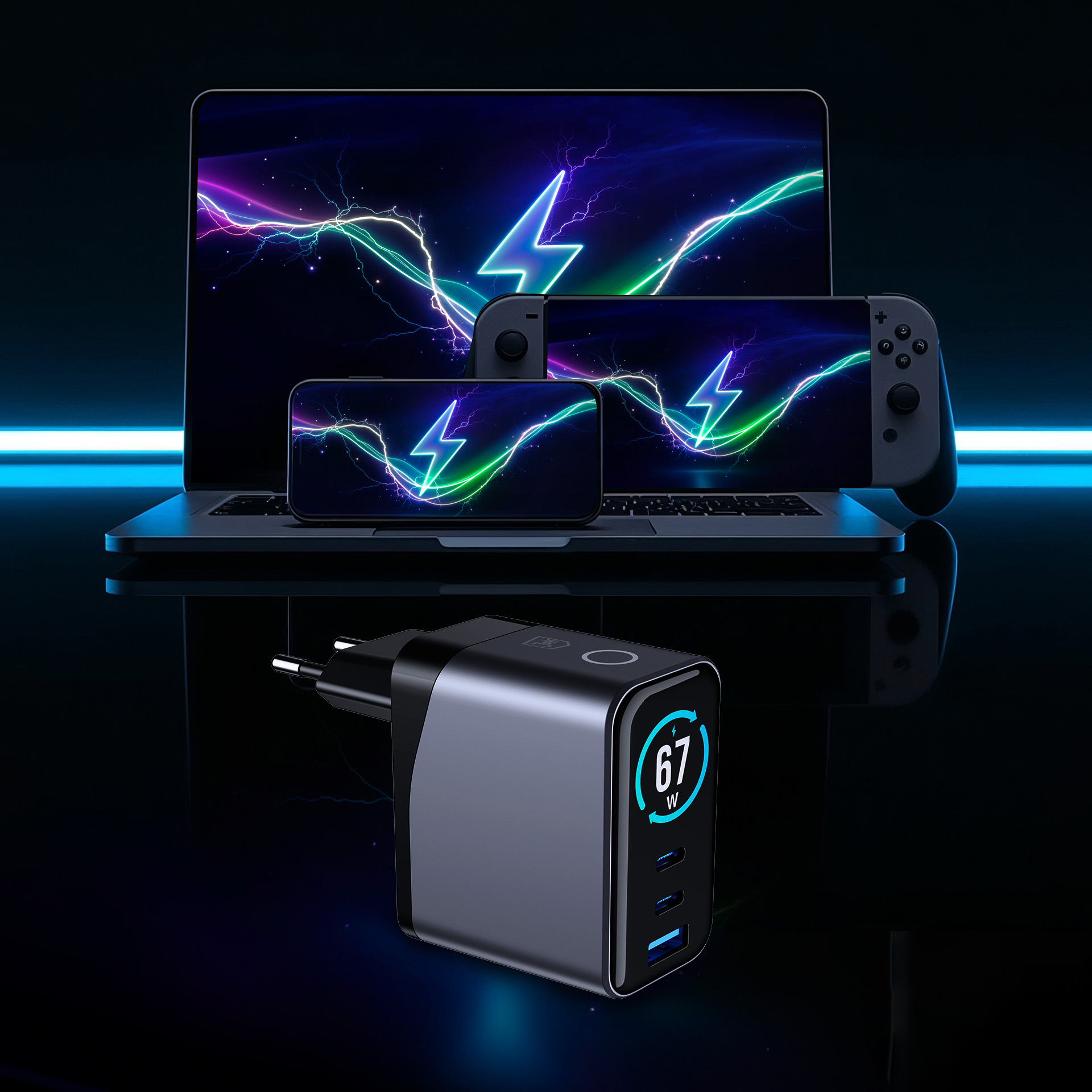 Adapter ładowania z wieloma portami przed laptopem, smartfonem i kontrolerem z tłem błyskawic.