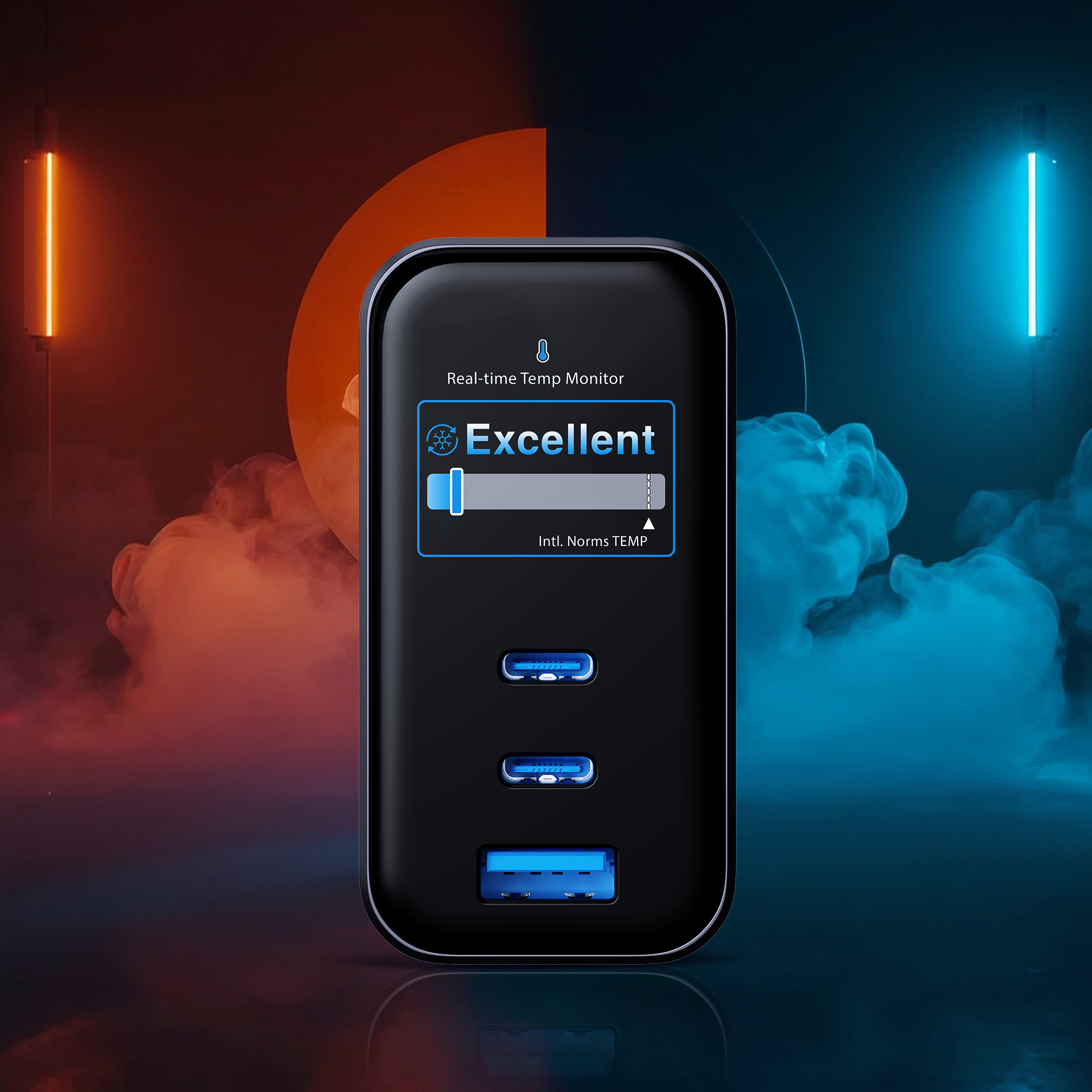 Czarna ładowarka z wyświetlaczem temperatury i wieloma portami USB.