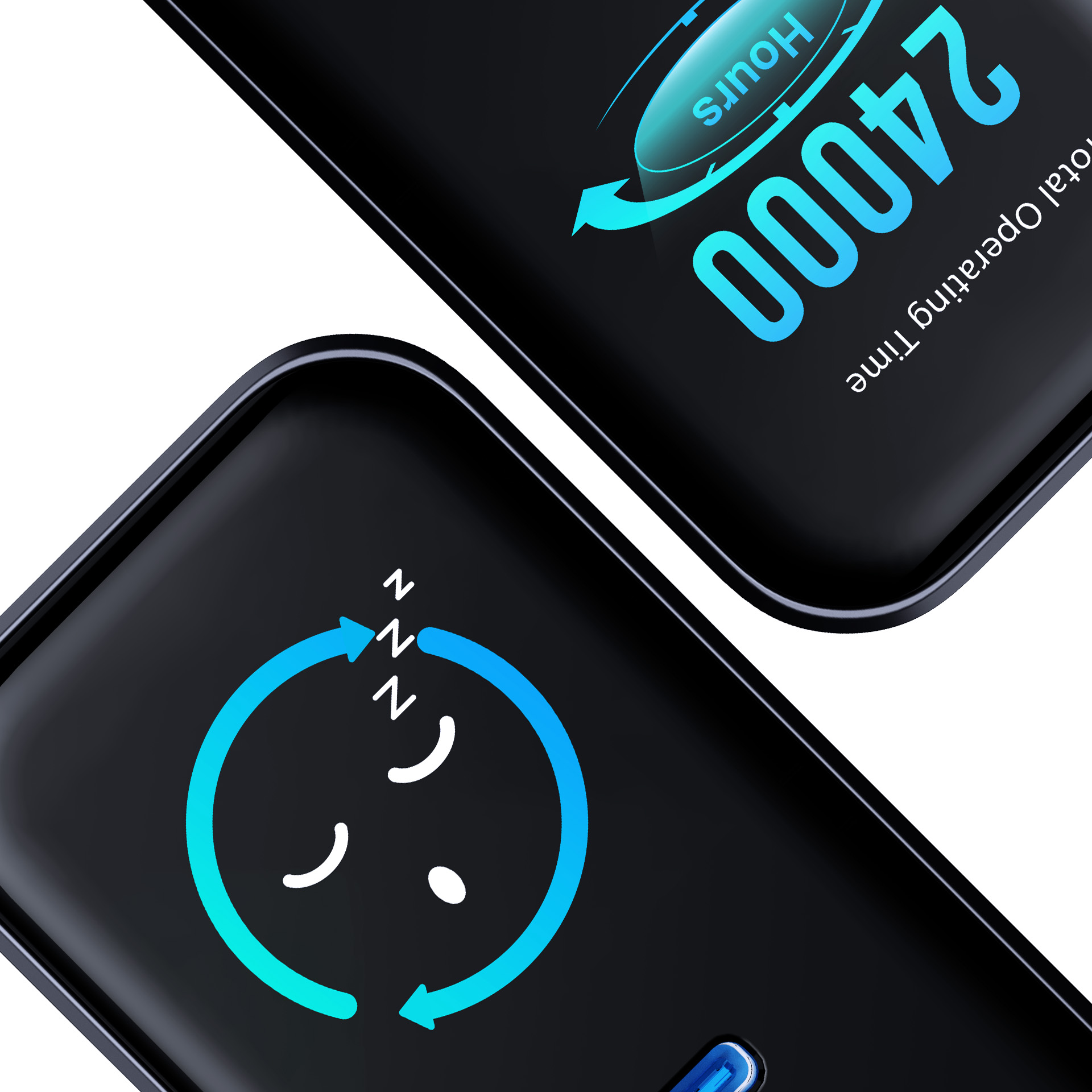 Dwa smartwatche wyświetlają godziny snu i pracy.