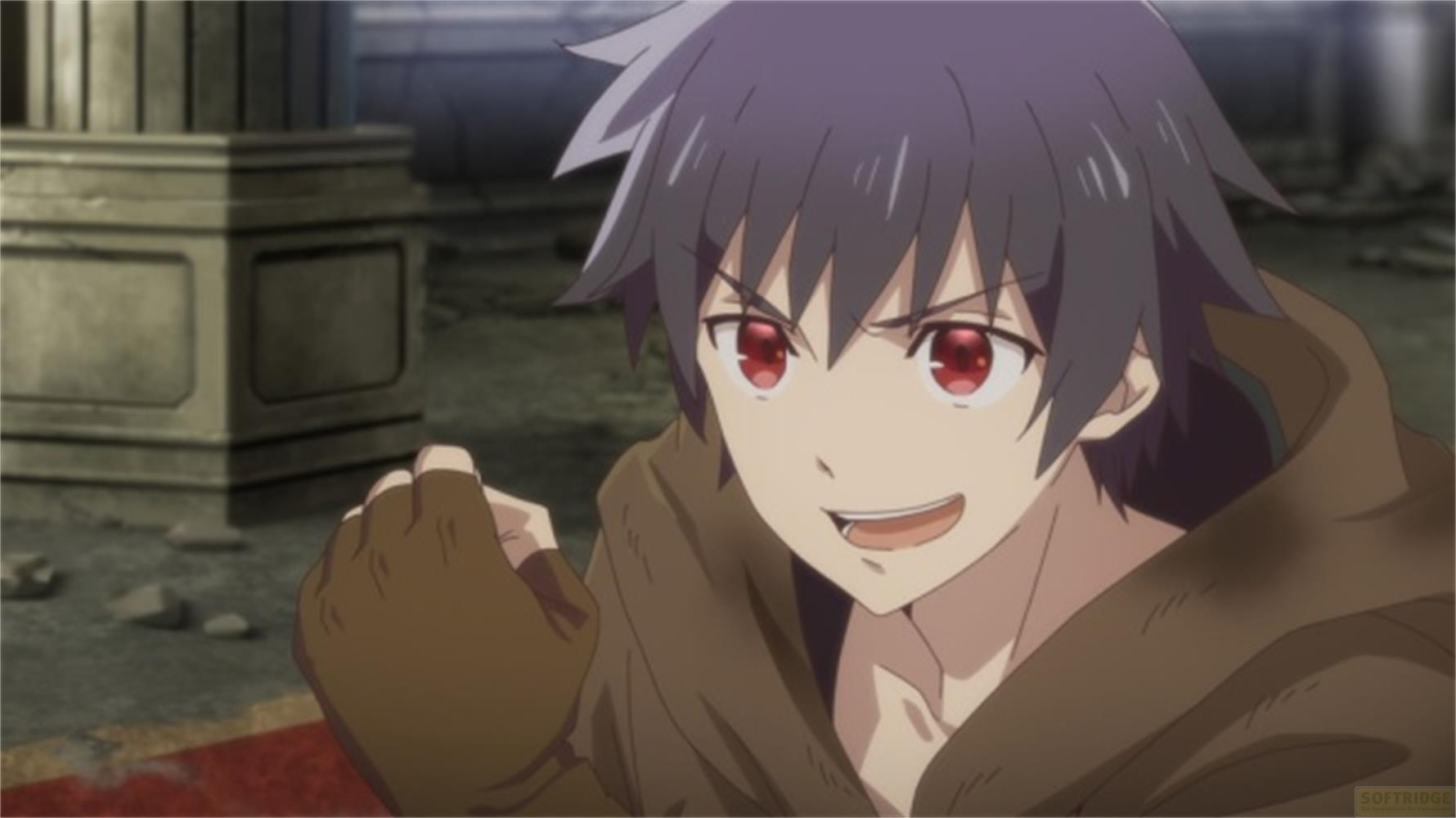 Un personaggio anime con capelli scuri e occhi rossi indossa abiti marroni.