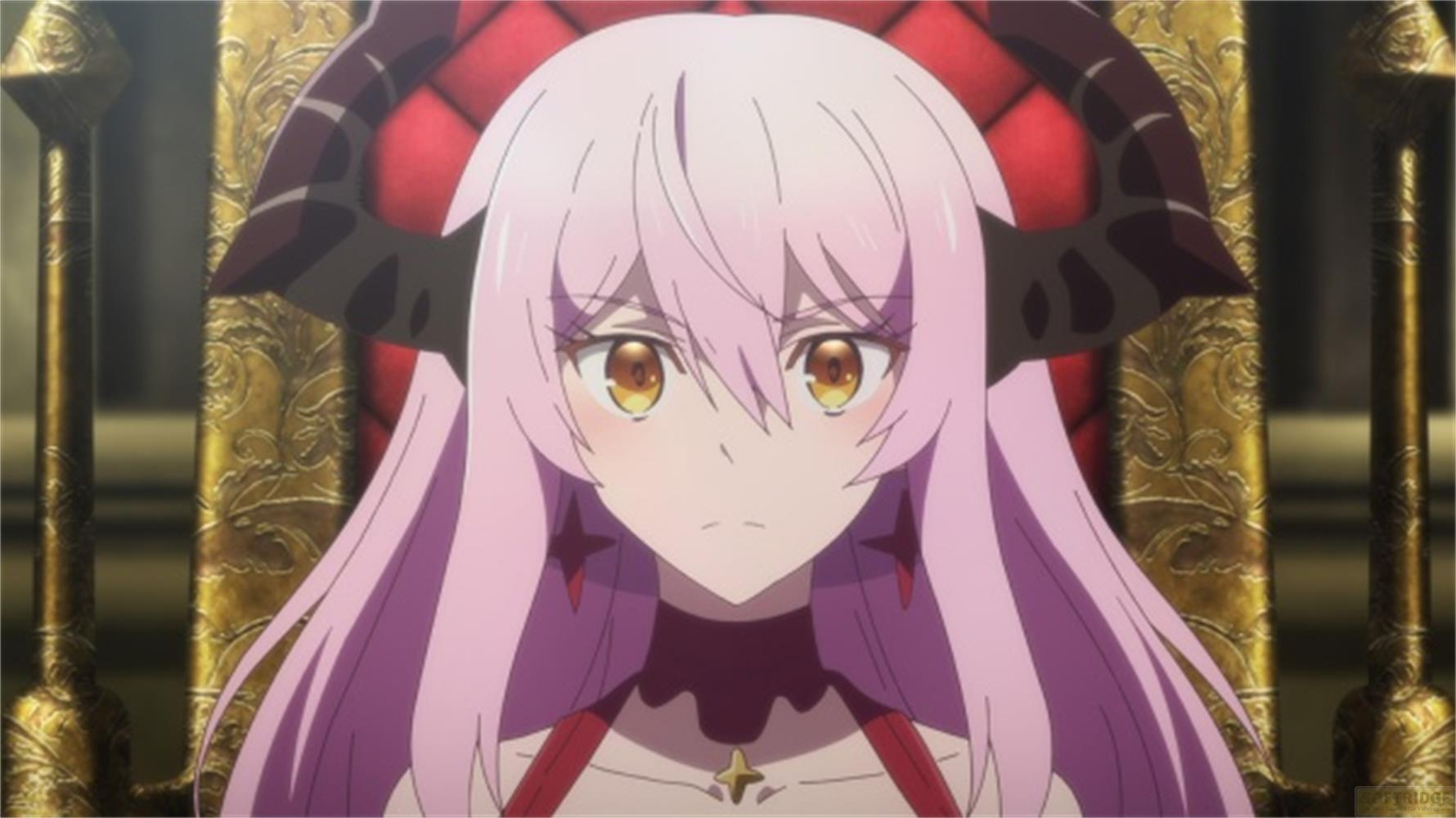 Un personaggio anime con capelli rosa e corna siede su un trono.