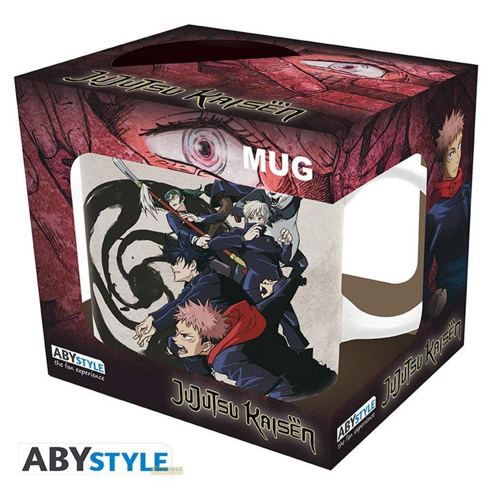 Jujutsu Kaisen Tasse mit Anime-Charakteren und Logo. Dunkler Hintergrund.