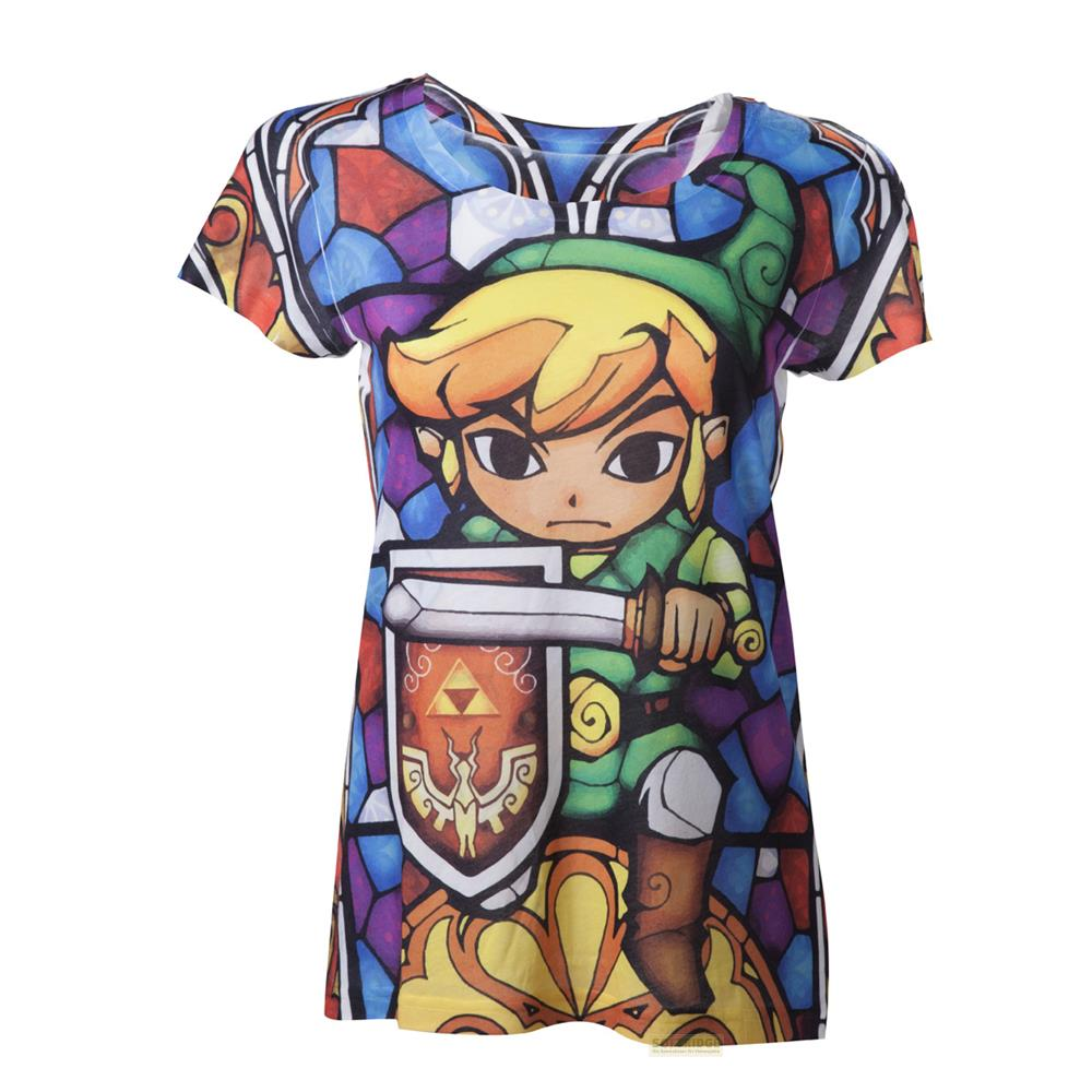 Una maglietta con Link di Zelda, raffigurato in stile vetrata.