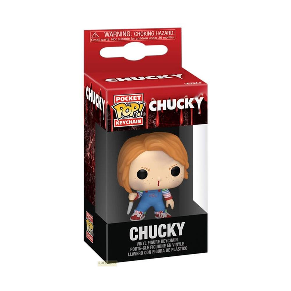 Chucky-Schlüsselanhänger-Figur in Verpackung mit Warnhinweis.