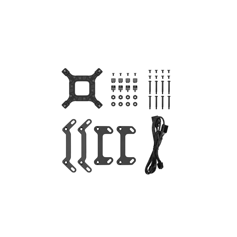 Zestaw montażowy chłodnicy komputerowej z uchwytami, śrubami i kablami.