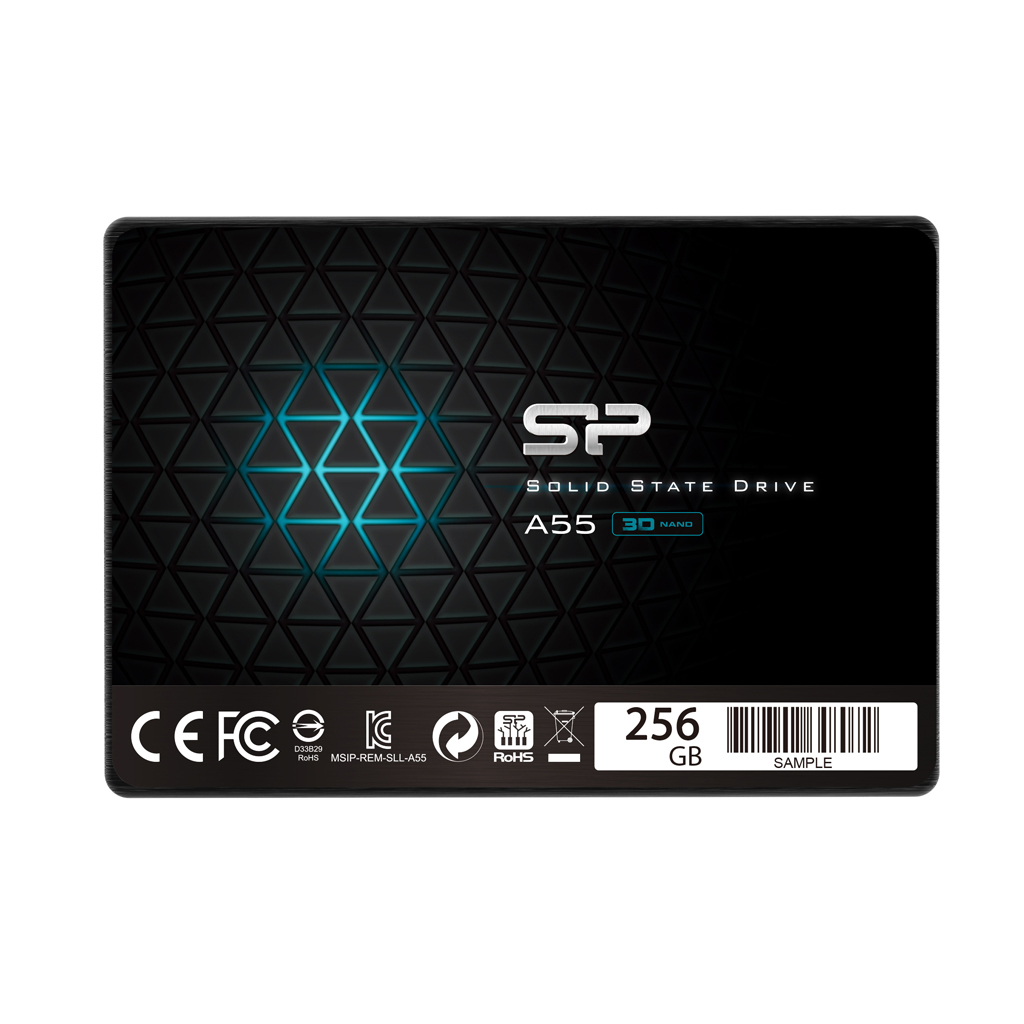 Dysk SSD SP A55 256GB z technologią 3D NAND, certyfikatami CE, FC, RoHS.
