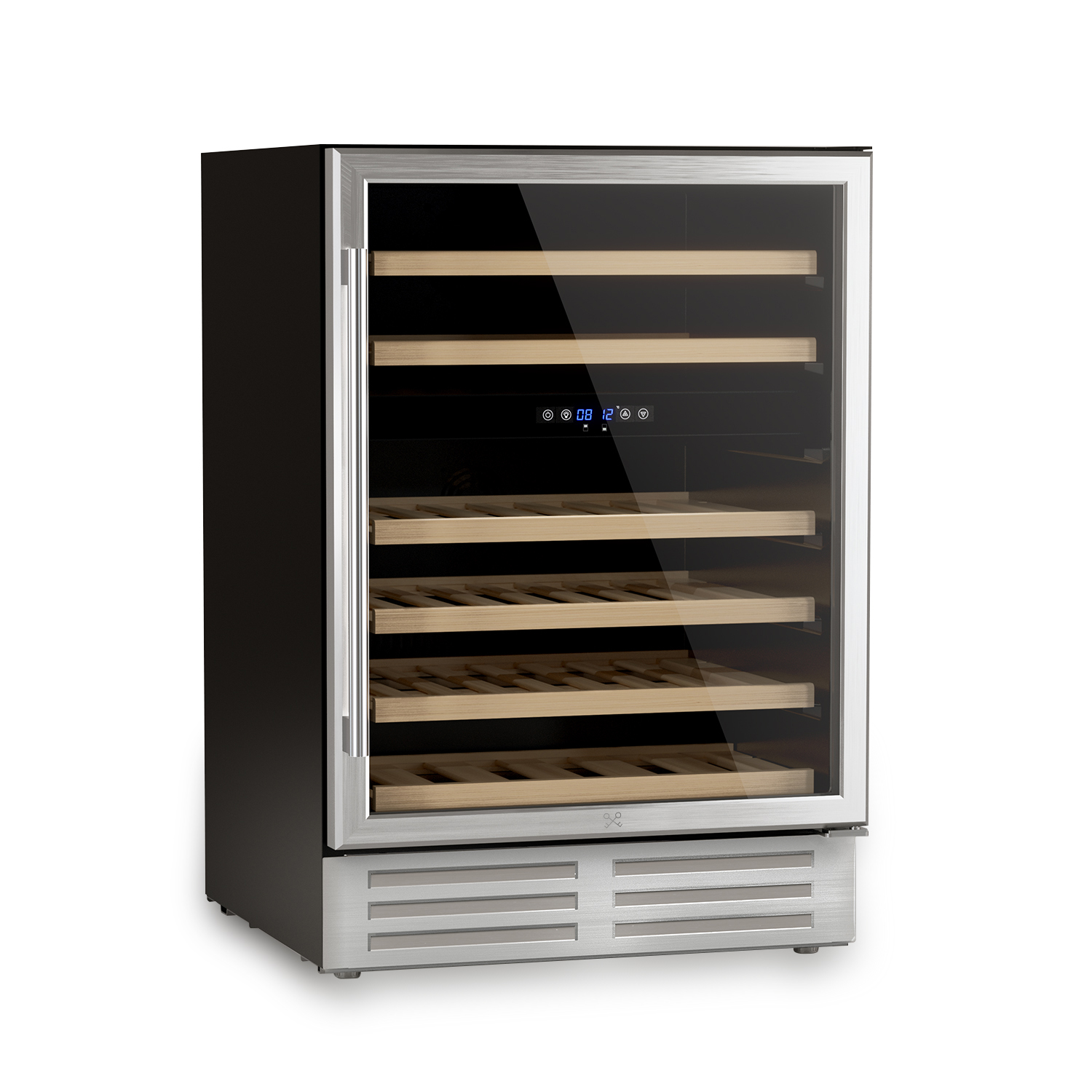 Ein schwarzer Weinkühlschrank mit Glastür und Holzböden.