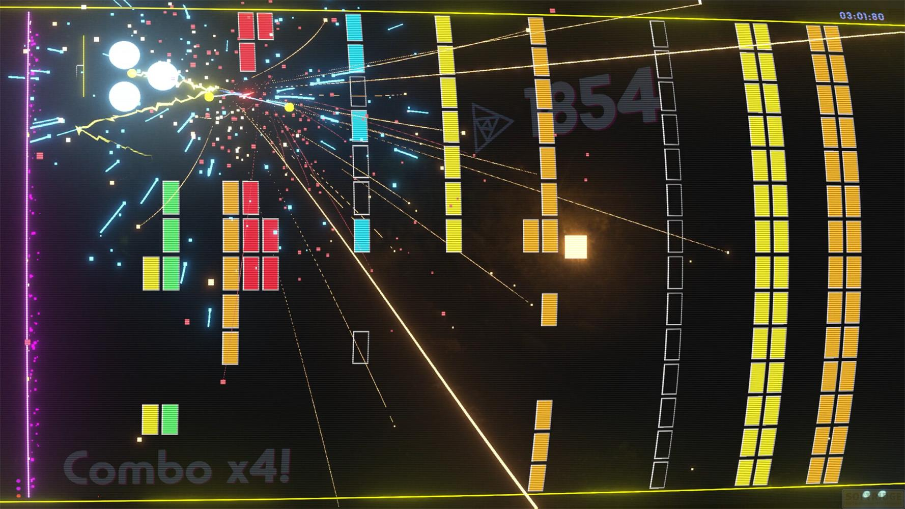 Ein neonfarbenes Spiel mit Blöcken, Lichtern und Partikeln. Combo x4!