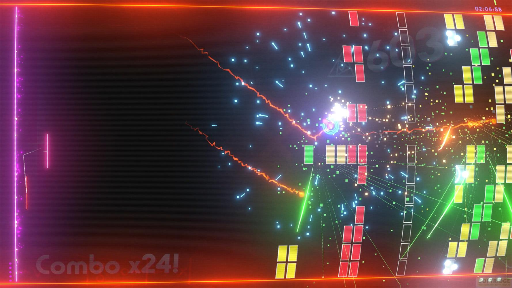 Abstrakte Neon-Lichter, Partikel und Blöcke in einem dunklen, leuchtenden Spiel.