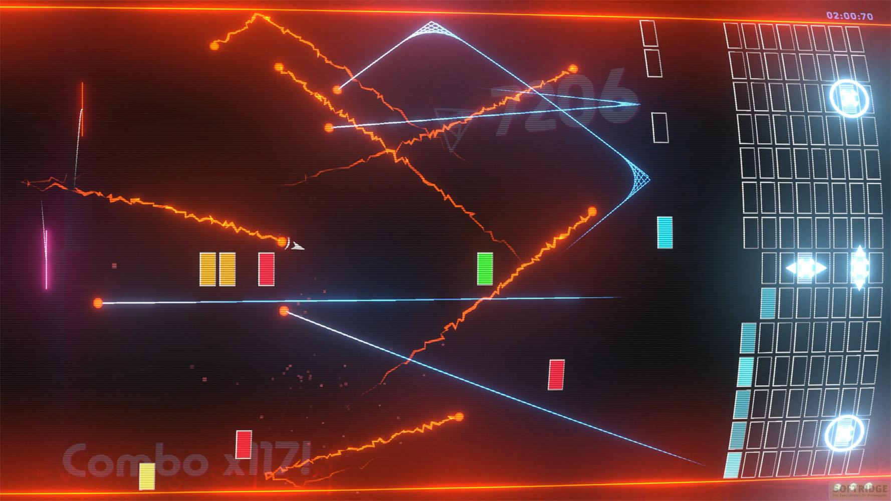 Ein Musikspielbildschirm mit orangefarbenen und blauen Linien, Zahlen und einer Combo-Anzeige.