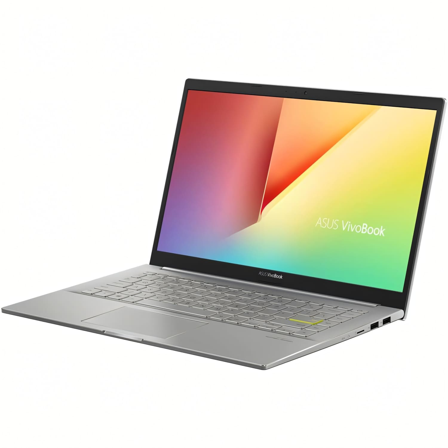 Un portátil ASUS VivoBook plateado abierto sobre fondo blanco con pantalla colorida.