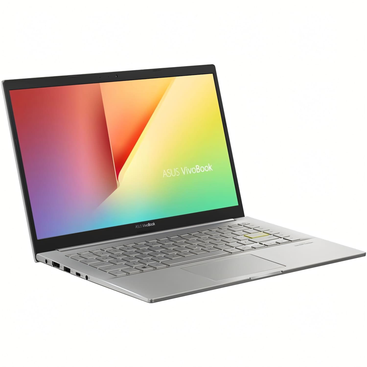 Un portátil plateado ASUS VivoBook con un fondo de pantalla colorido.