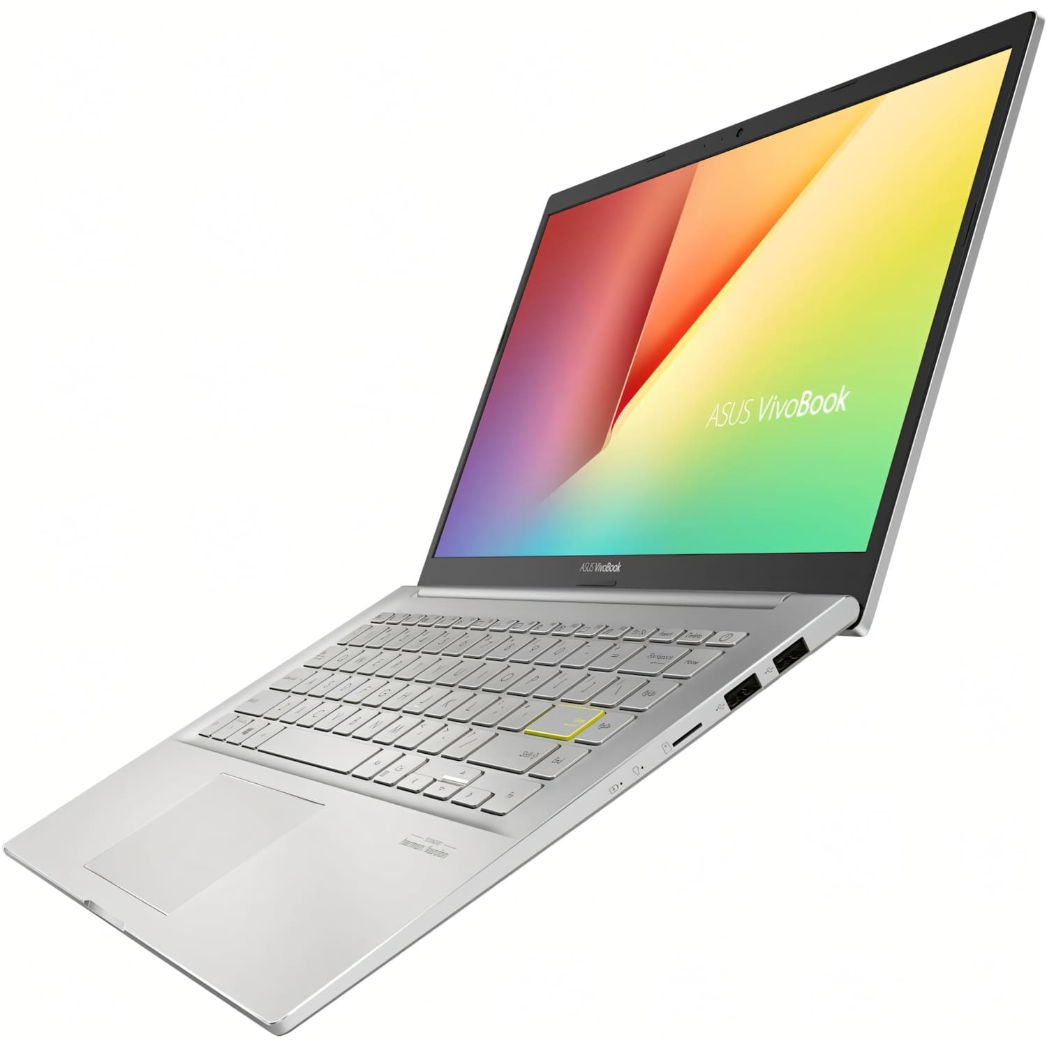 Portátil plateado ASUS VivoBook con teclado iluminado y puertos.