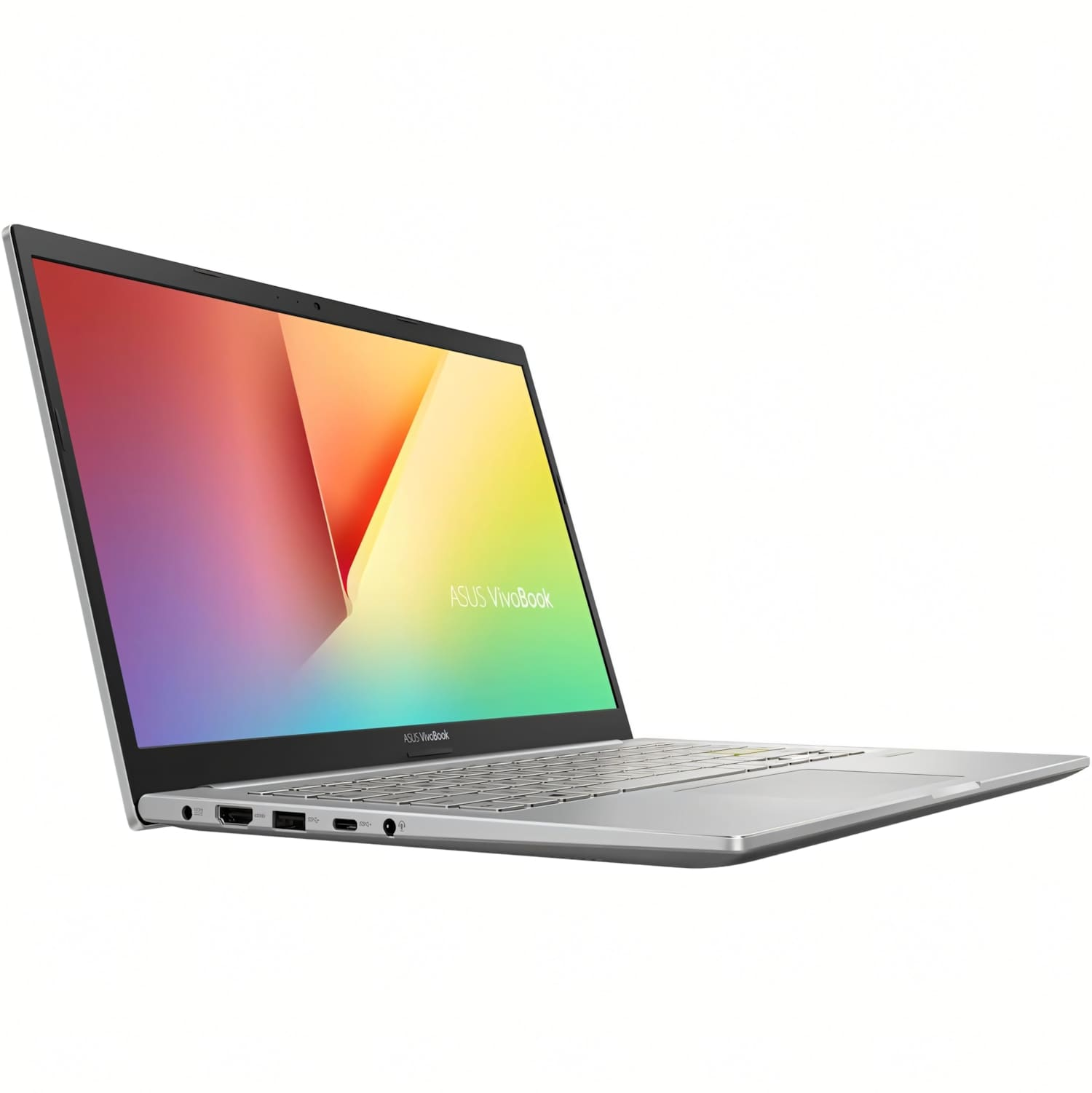 Un portátil plateado ASUS VivoBook con un fondo de pantalla colorido en la pantalla.