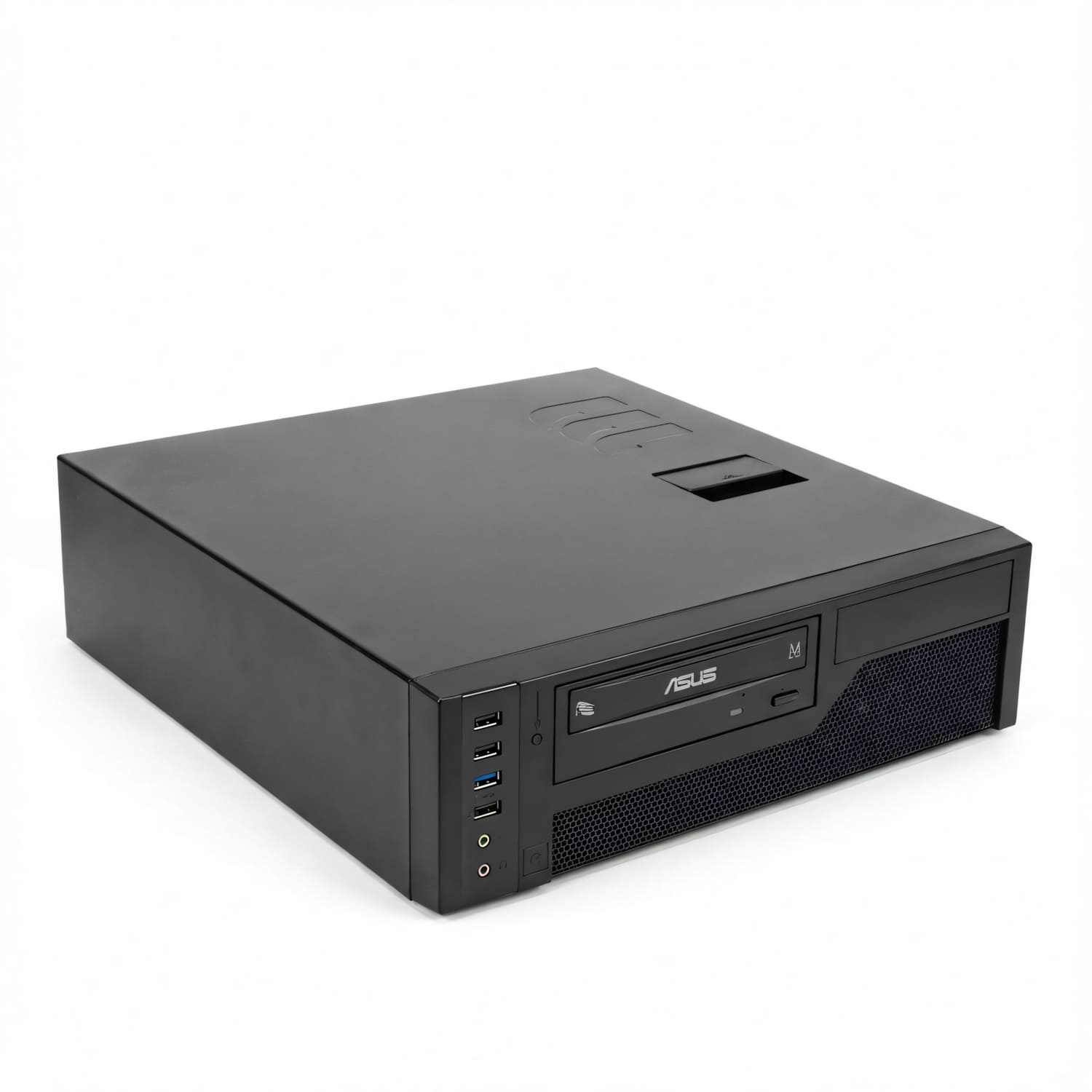 Caja negra de PC con ventilaciones, puertos USB y bahía de unidad.