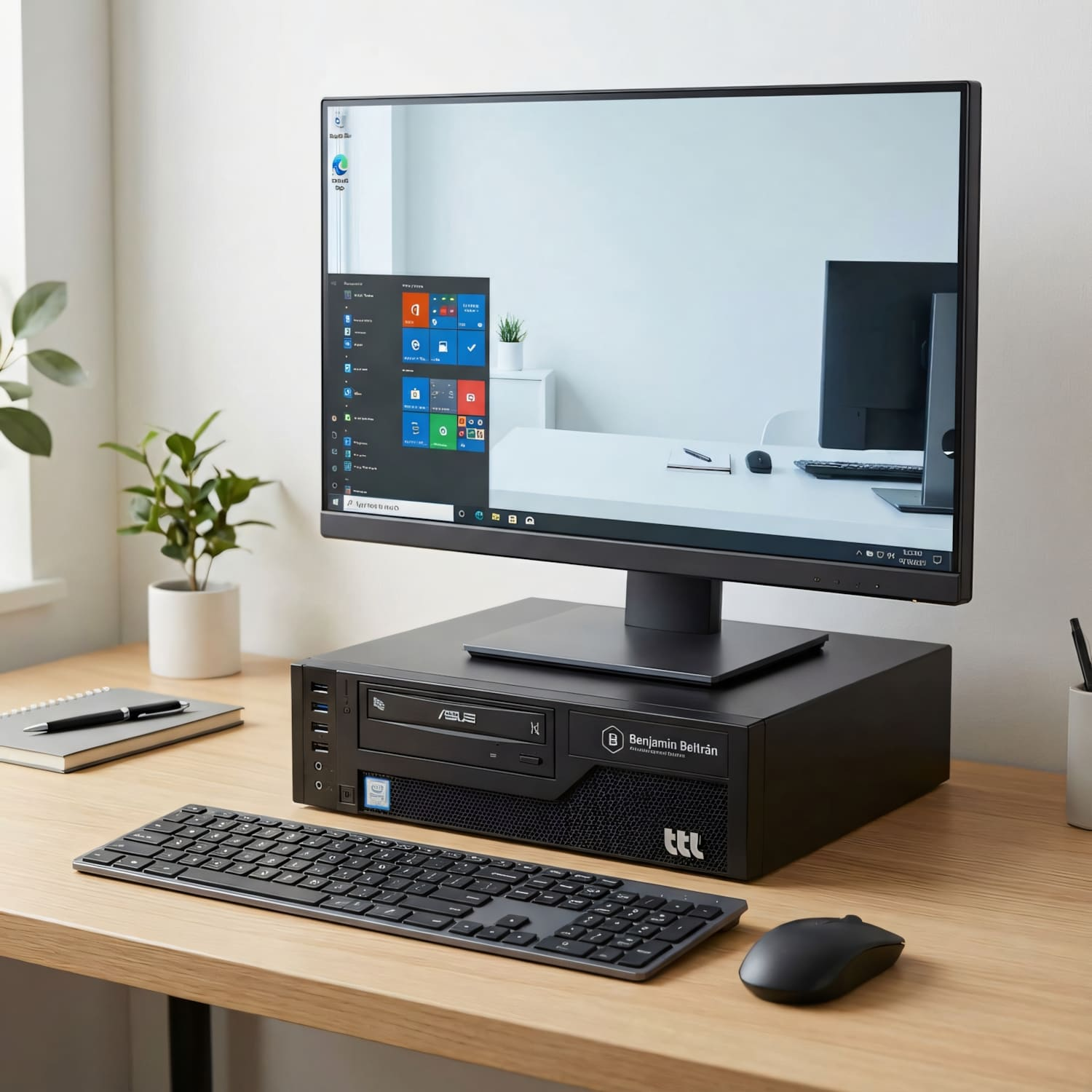 Ordenador de sobremesa negro con monitor, teclado y ratón en un escritorio.